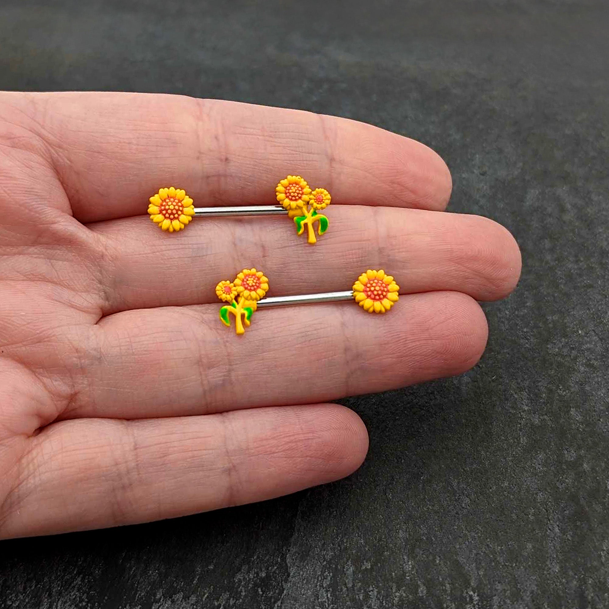 14 Gauge 9/16 Happy Yellow Sunflower Trio Barbell Nipple Ring Set