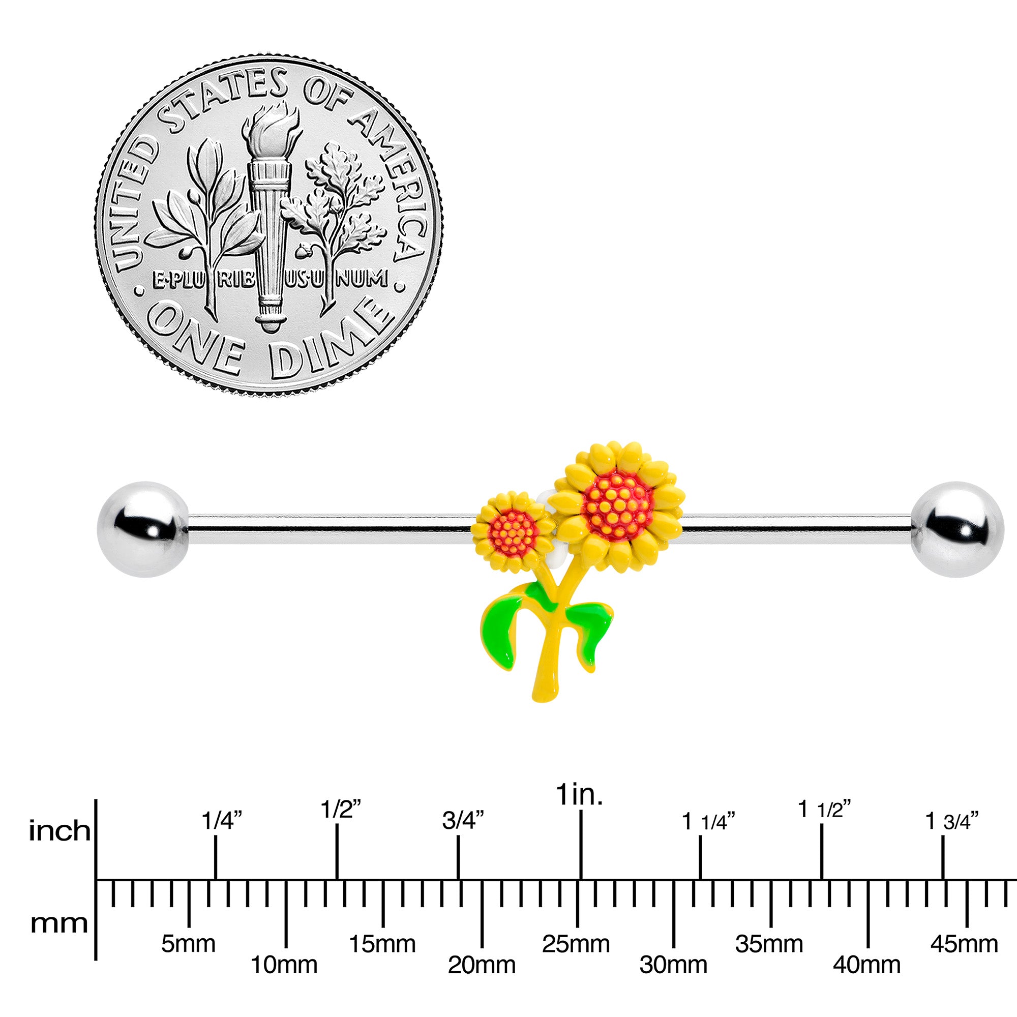 14 Gauge Happy Sunflower Duo Industrial Barbell 38mm