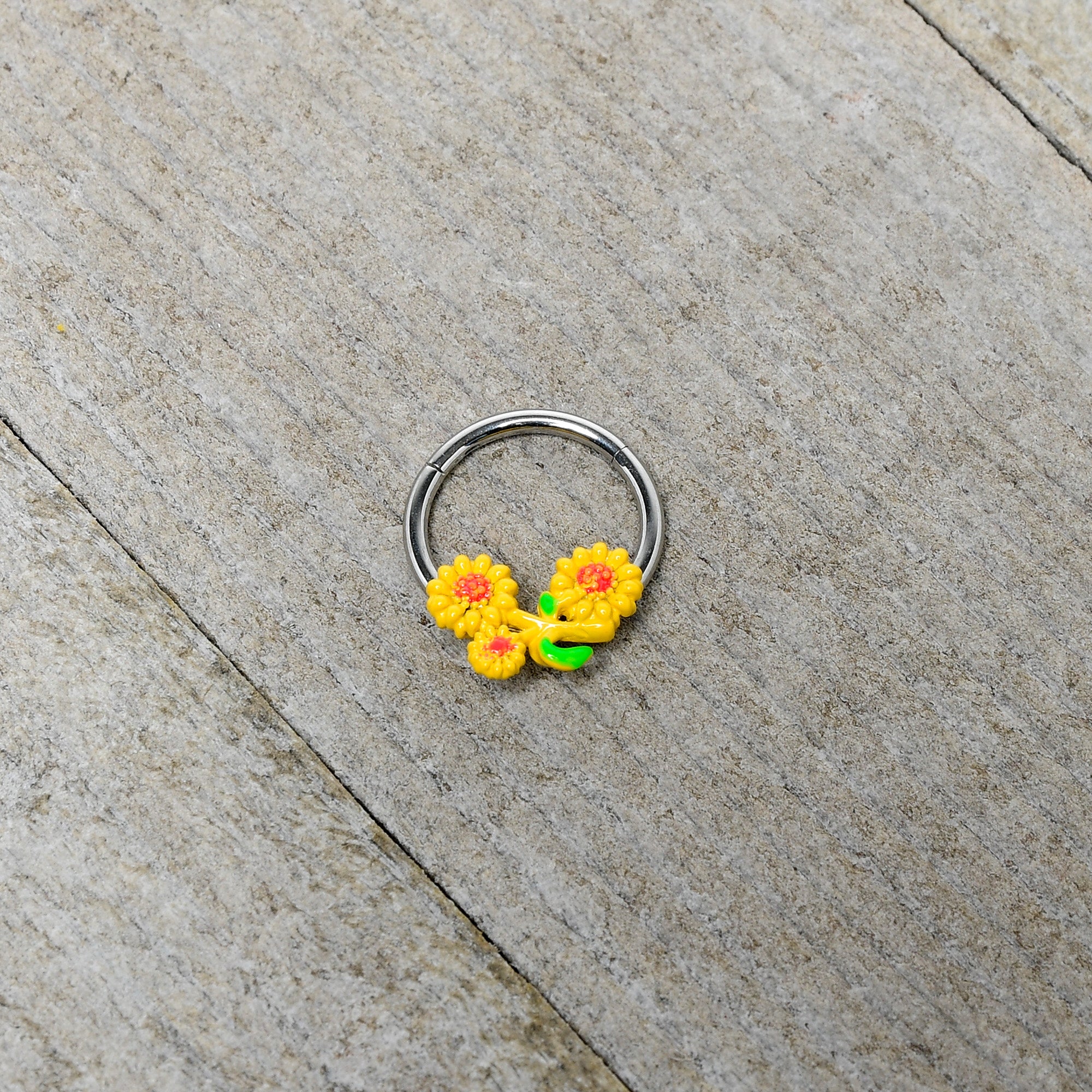 16 Gauge 3/8 Happy Yellow Sunflower Trio Hinged Segment Ring