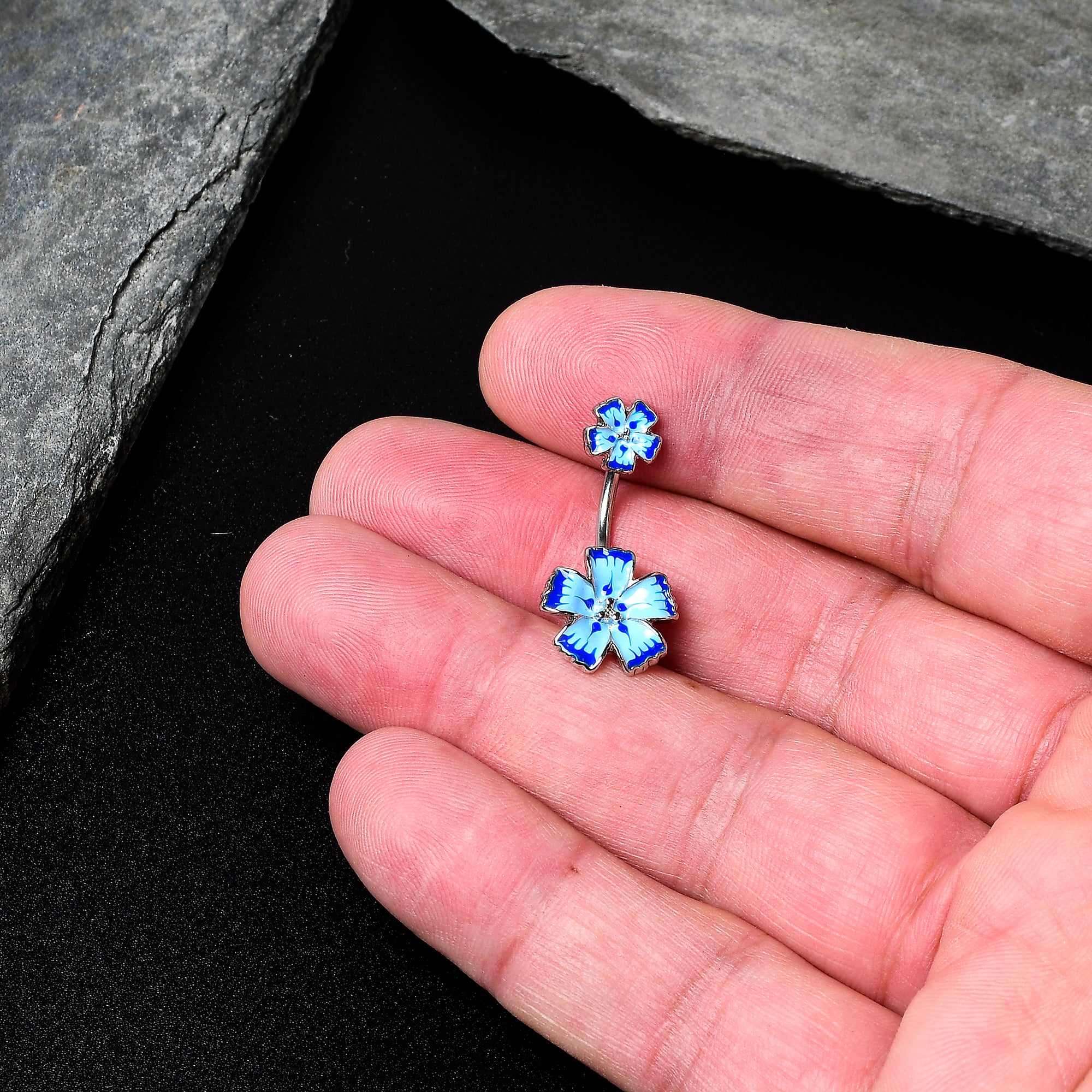 Blue Flower Textured Center Double Mount Belly Ring