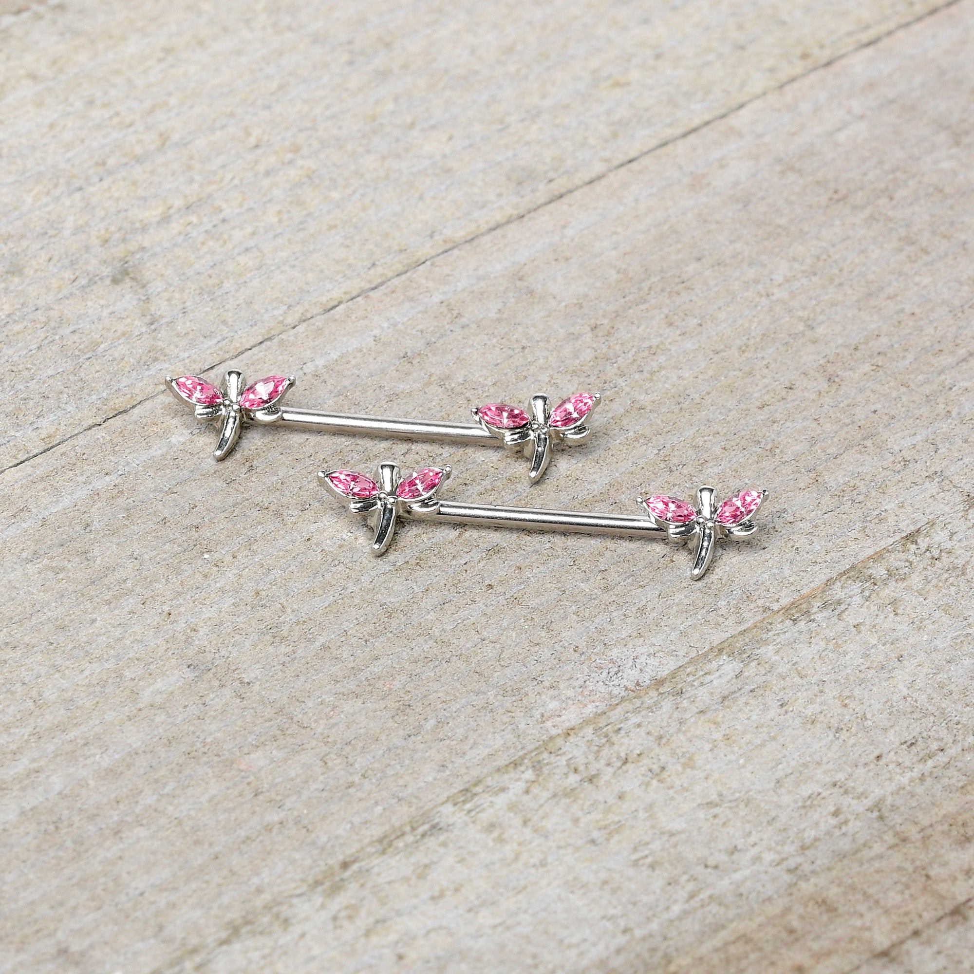 14 Gauge 5/8 Pink Gem Simple Styled Dragonfly Barbell Nipple Ring Set