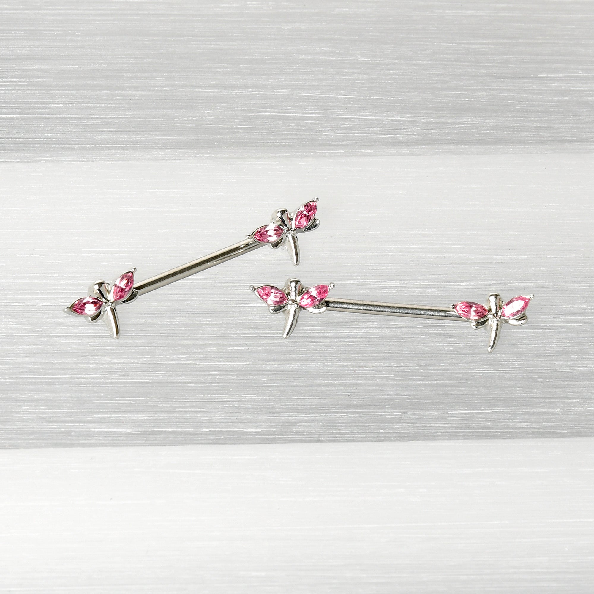 14 Gauge 5/8 Pink Gem Simple Styled Dragonfly Barbell Nipple Ring Set