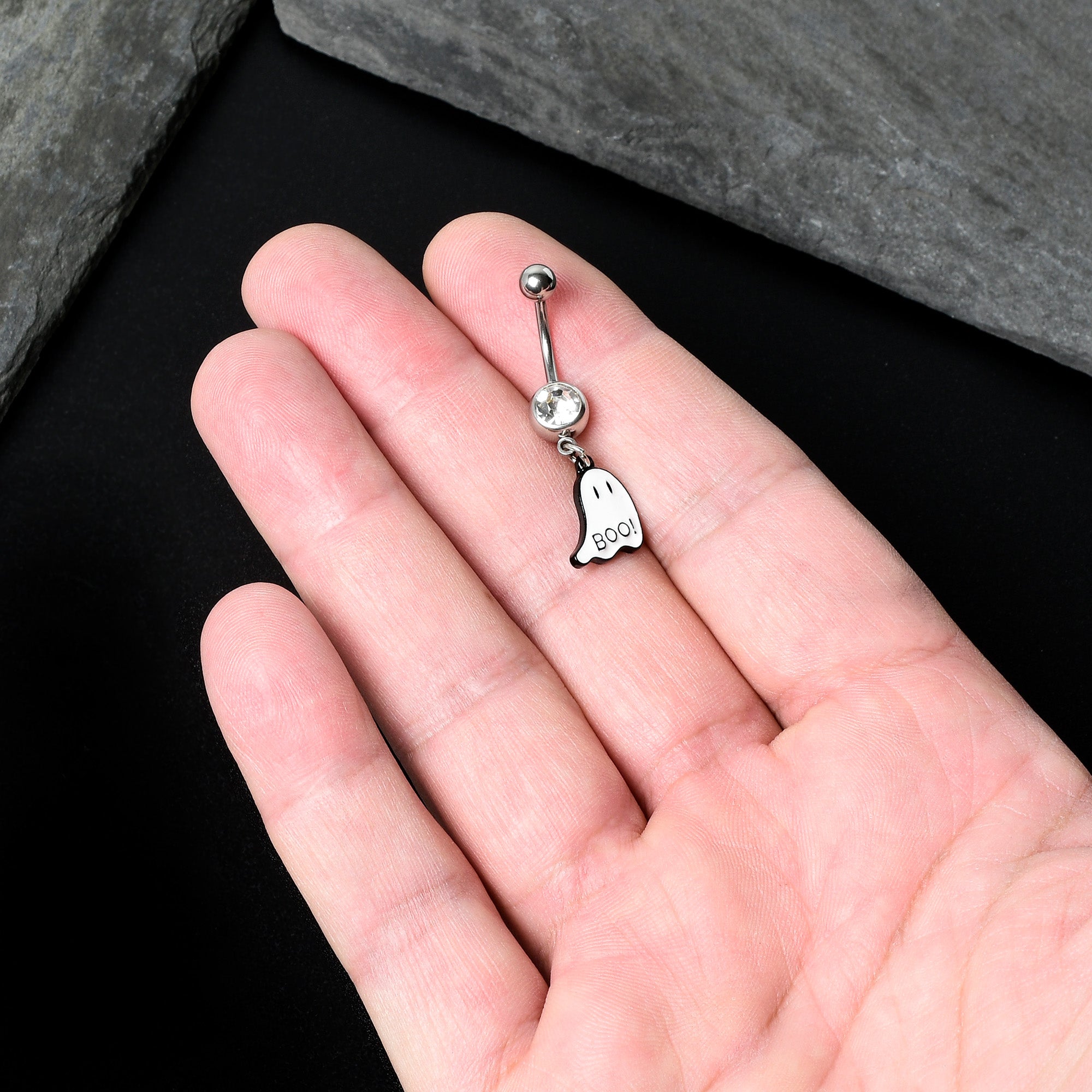 Clear Gem White Ghost Glow in the Dark Halloween Dangle Belly Ring