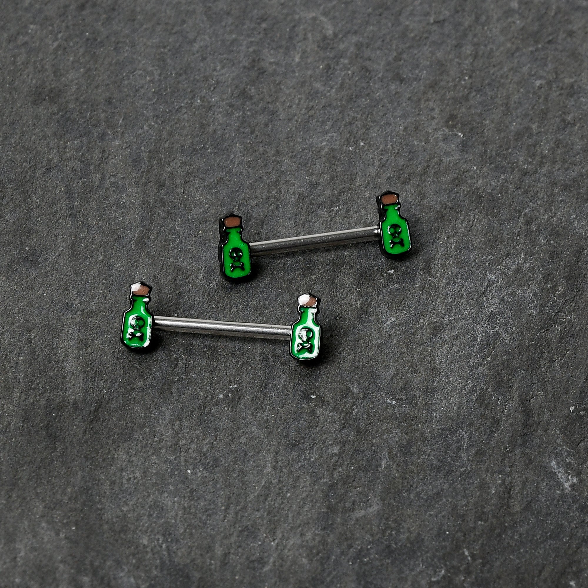 14 Gauge 9/16 Poison Green Bottle Glow in Dark Barbell Nipple Ring Set