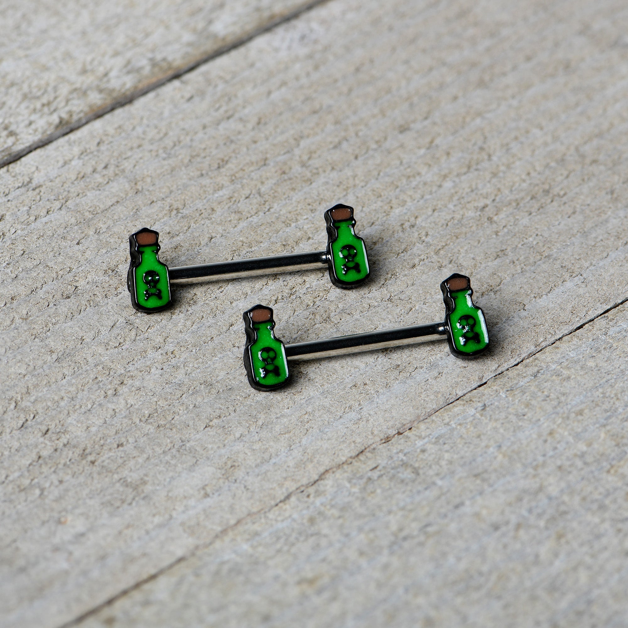 14 Gauge 9/16 Poison Green Bottle Glow in Dark Barbell Nipple Ring Set