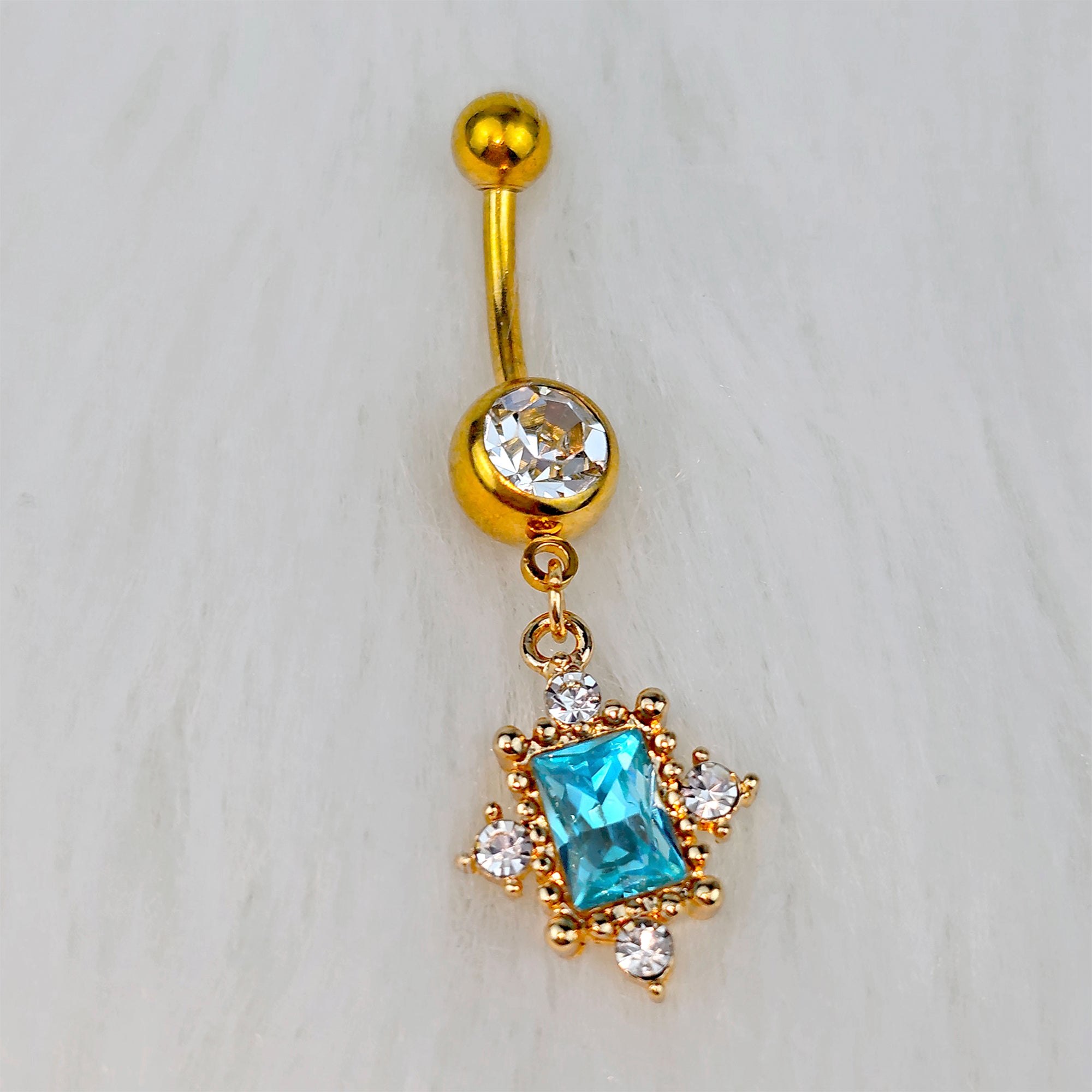 Blue Clear Gem Gold Tone Regal Seal Dangle Belly Ring