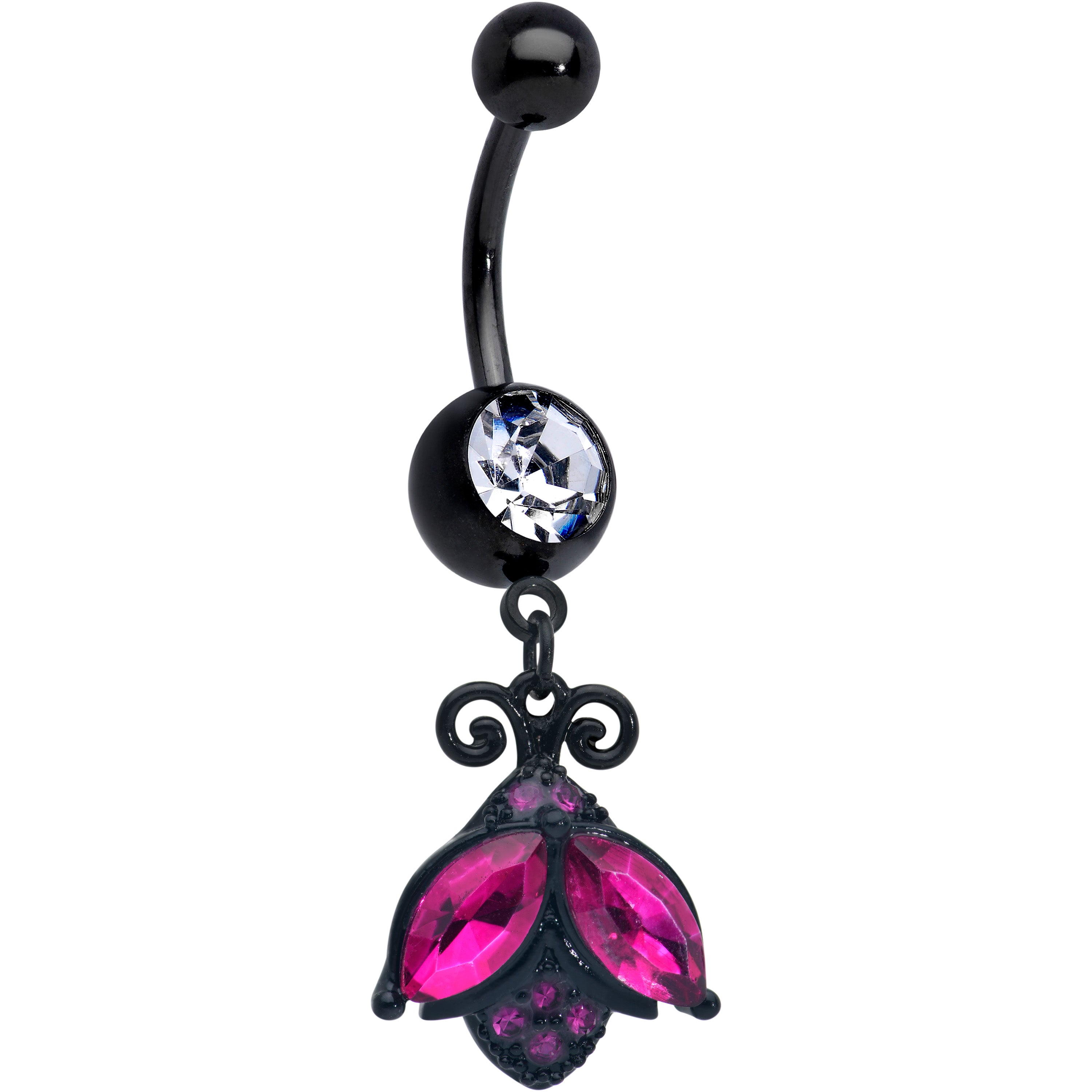 Pink Clear Gem Black Night Butterfly Dangle Belly Ring