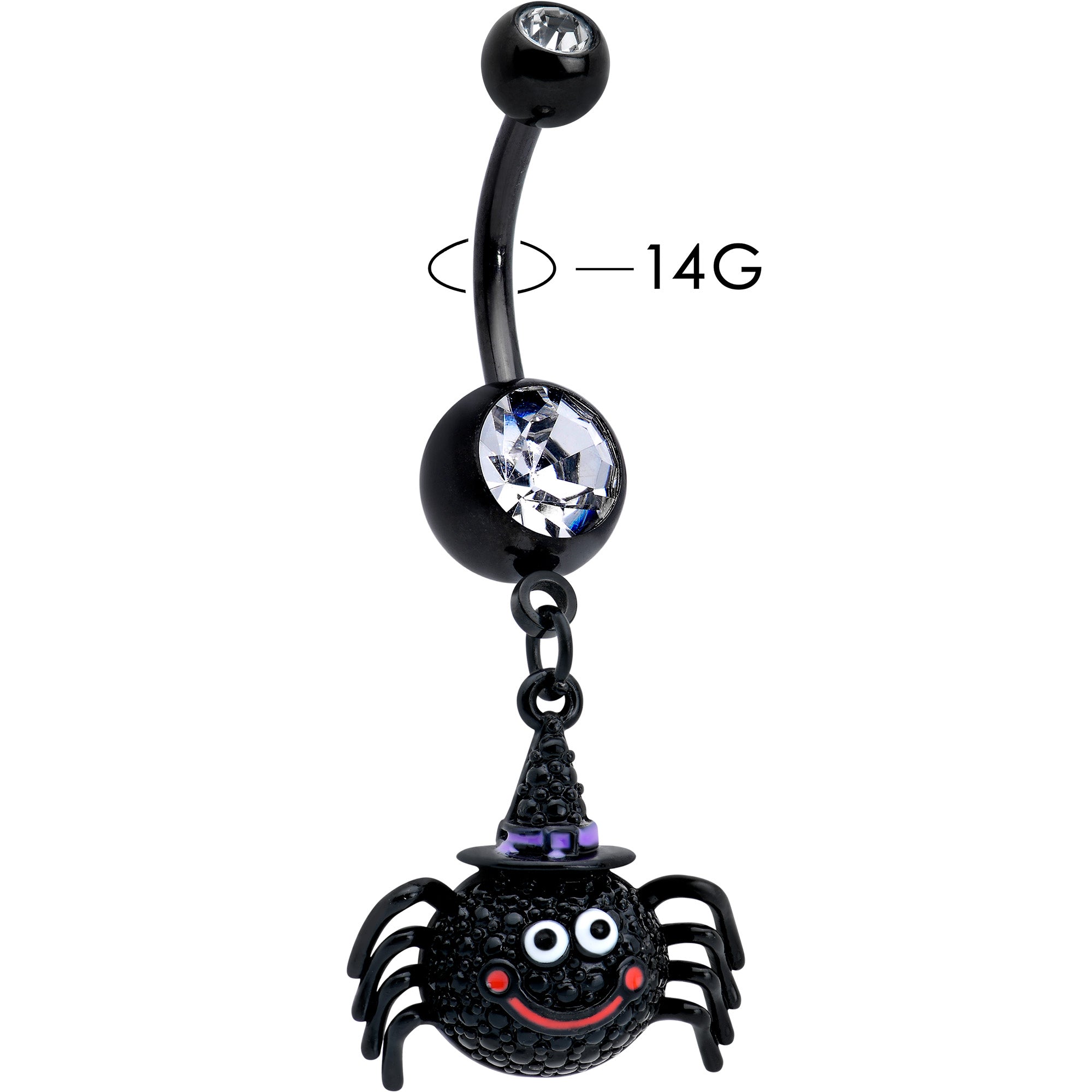 Clear Gem Black Smiling Spider Witch Halloween Dangle Belly Ring