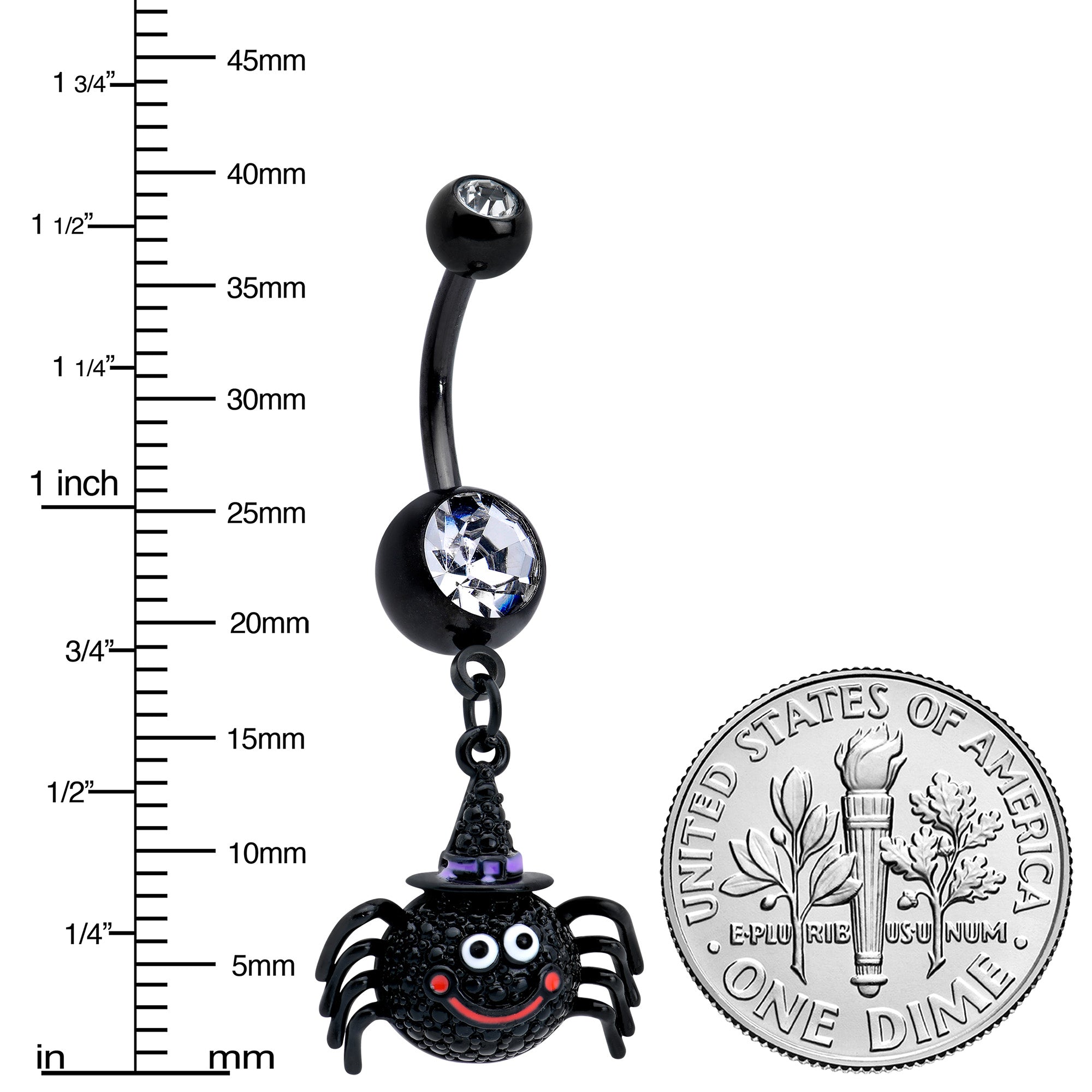 Clear Gem Black Smiling Spider Witch Halloween Dangle Belly Ring