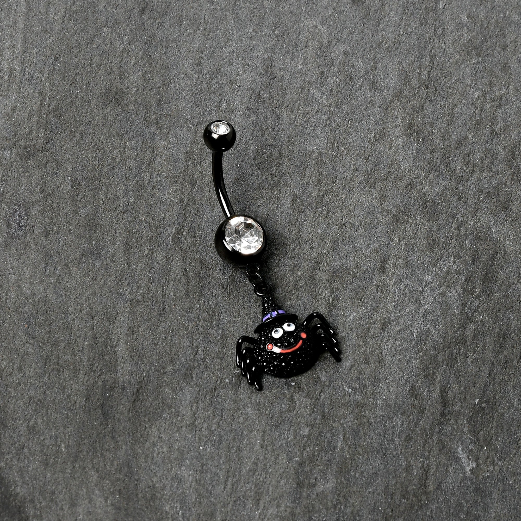 Clear Gem Black Smiling Spider Witch Halloween Dangle Belly Ring