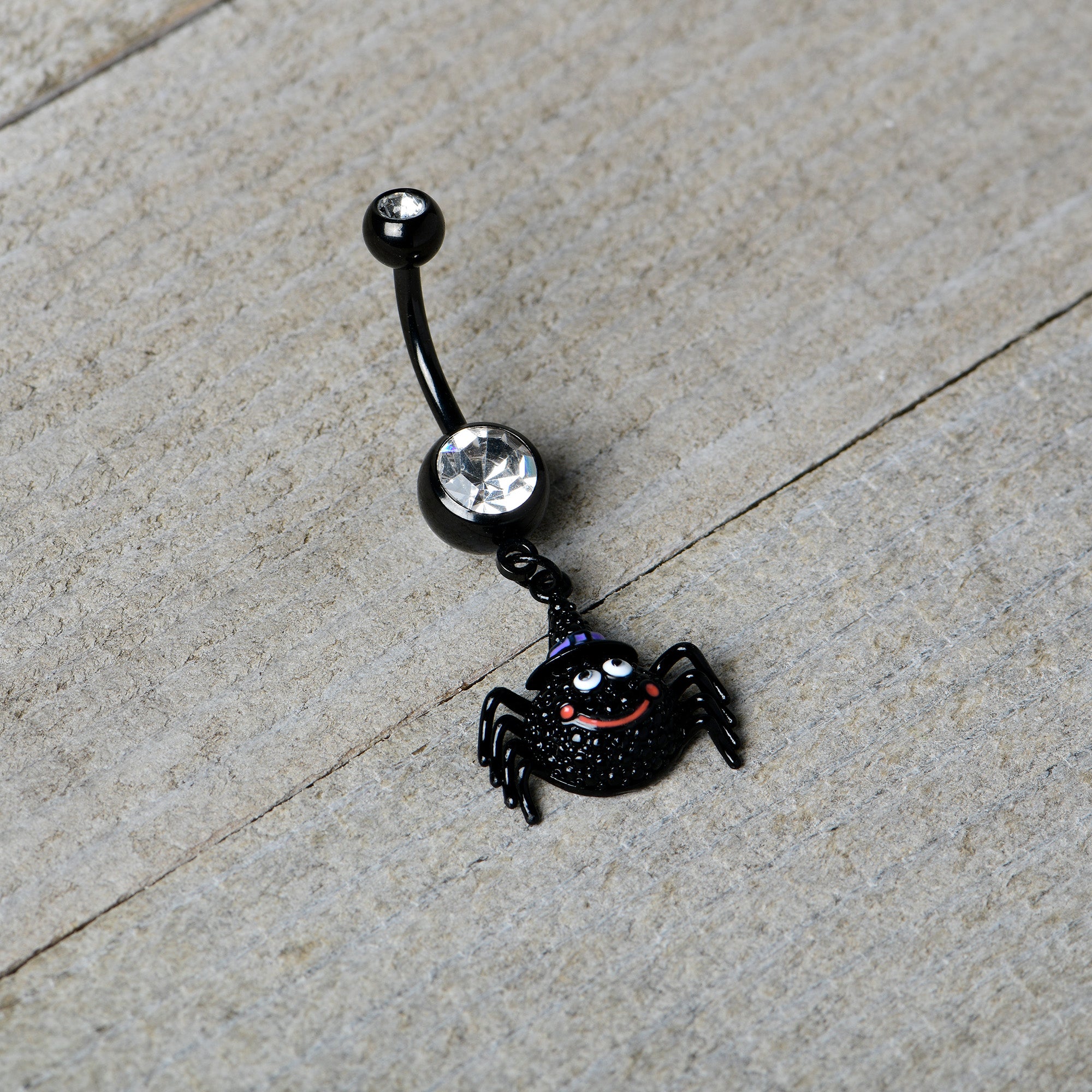 Clear Gem Black Smiling Spider Witch Halloween Dangle Belly Ring