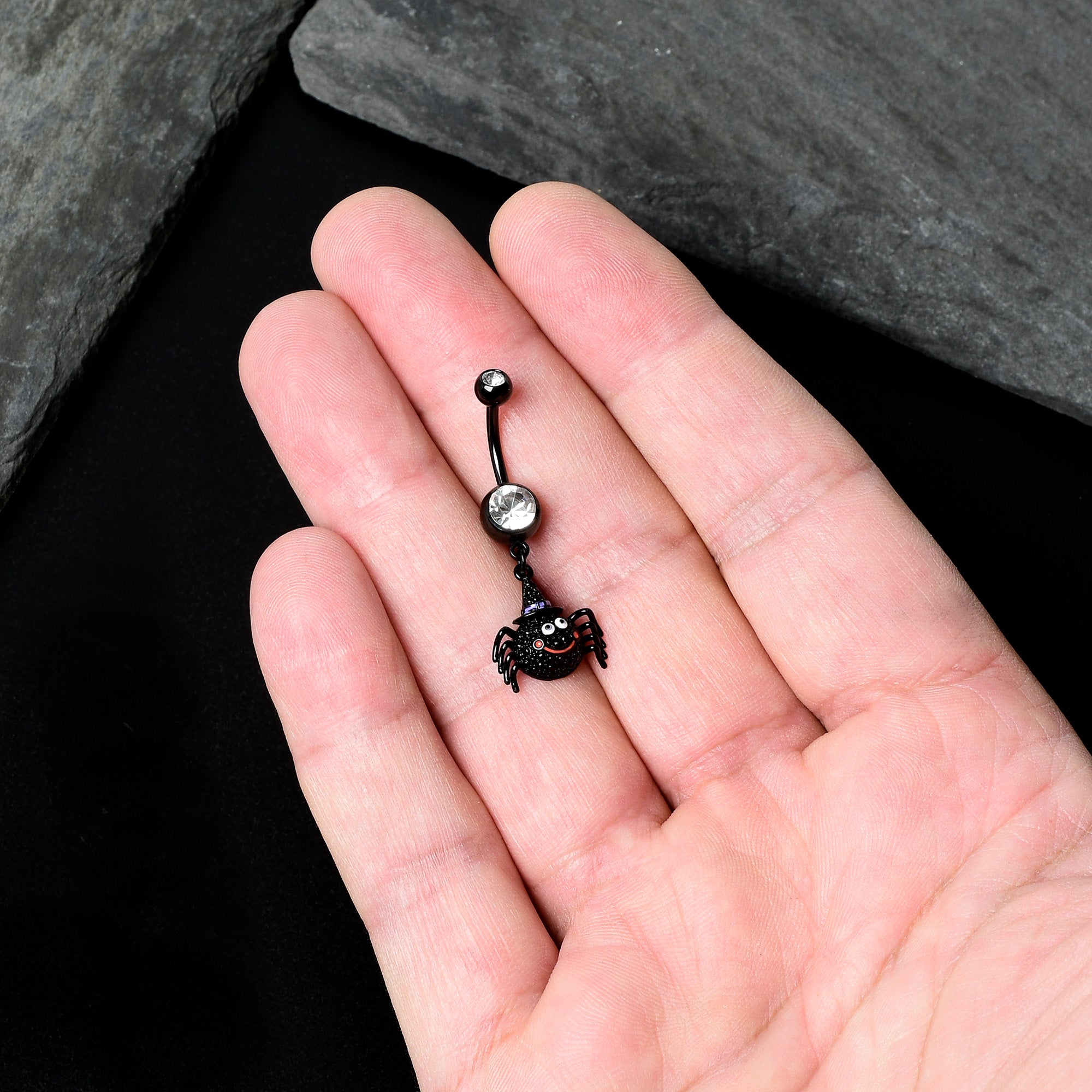 Clear Gem Black Smiling Spider Witch Halloween Dangle Belly Ring