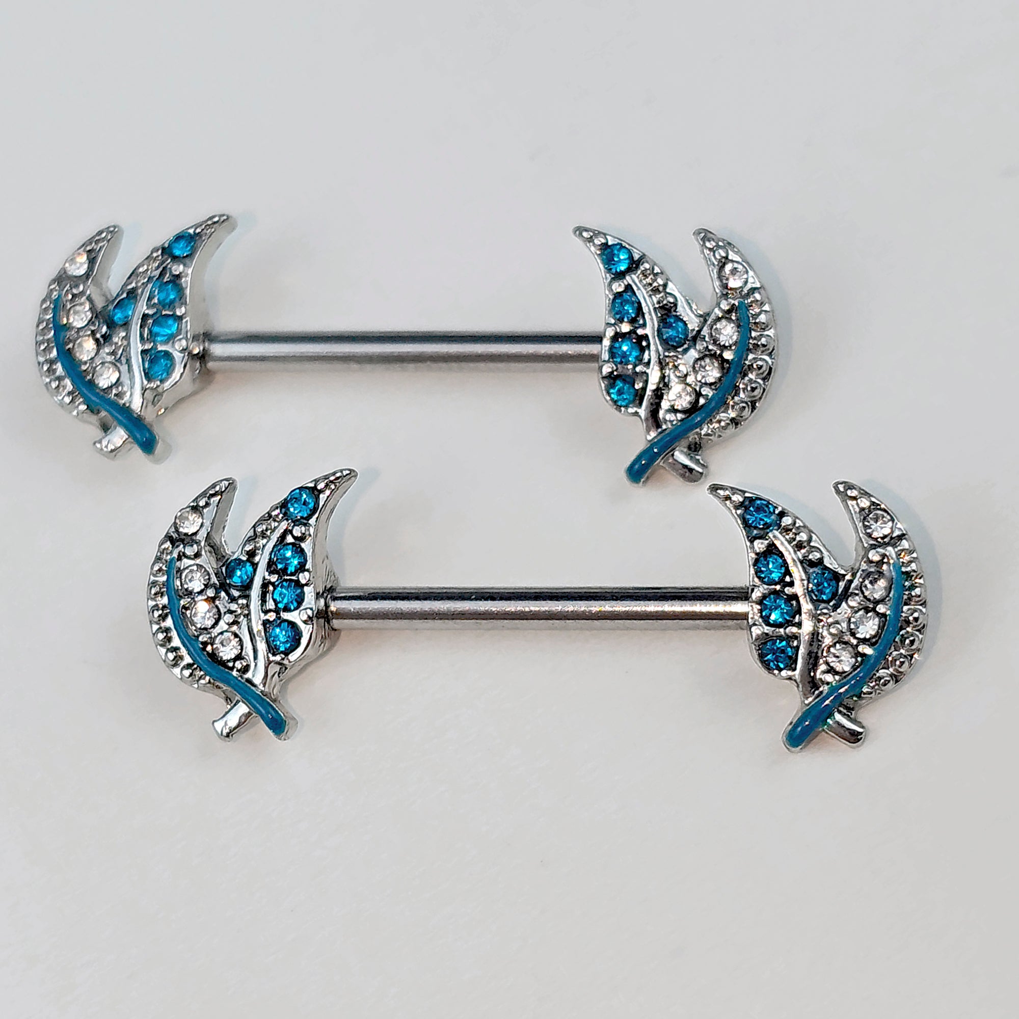 14 Gauge 9/16 Clear Blue Gem Lovely Leaves Barbell Nipple Ring Set