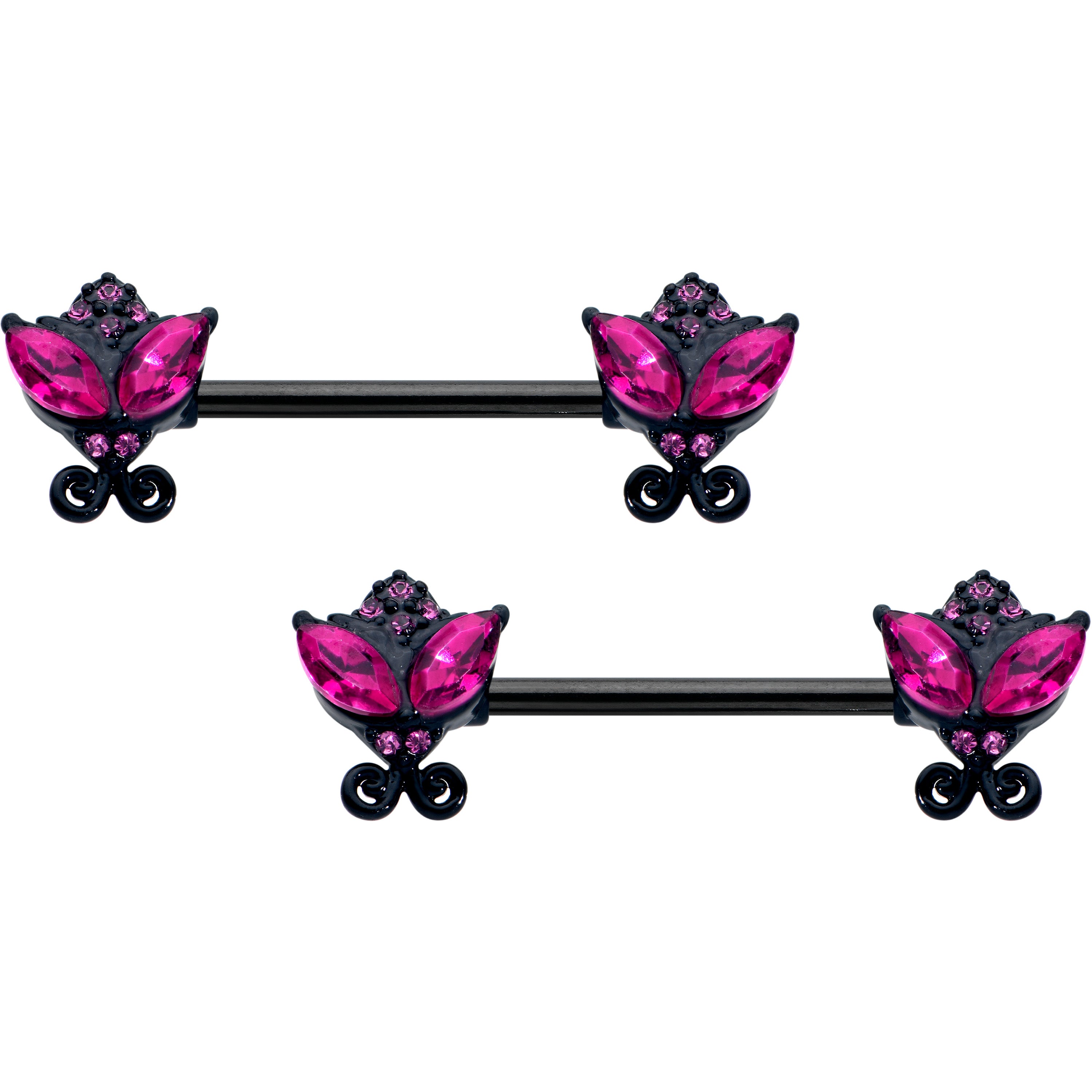 14 Gauge 9/16 Pink Gem Black Night Butterflies Barbell Nipple Ring Set