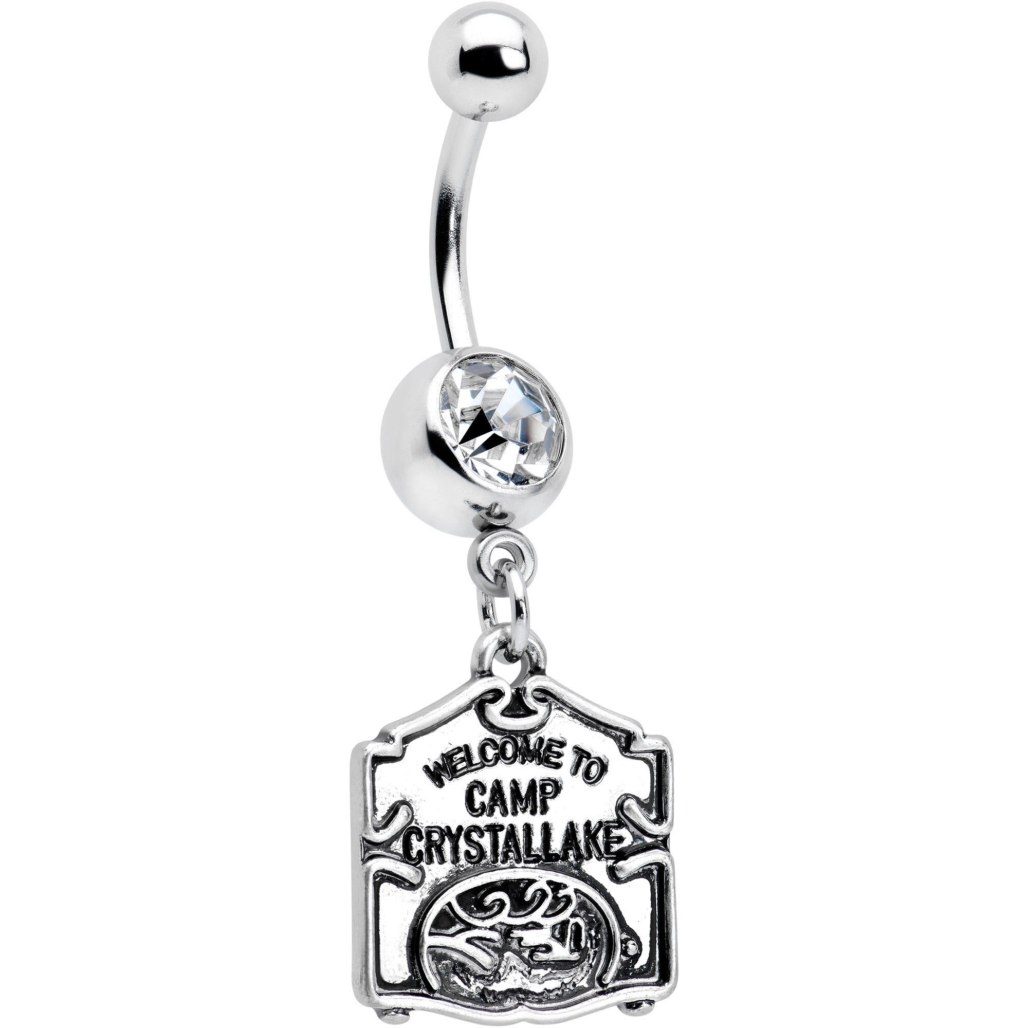 Officially Licensed Friday the 13th Clear Gem Camp Sign Dangle Belly Ring