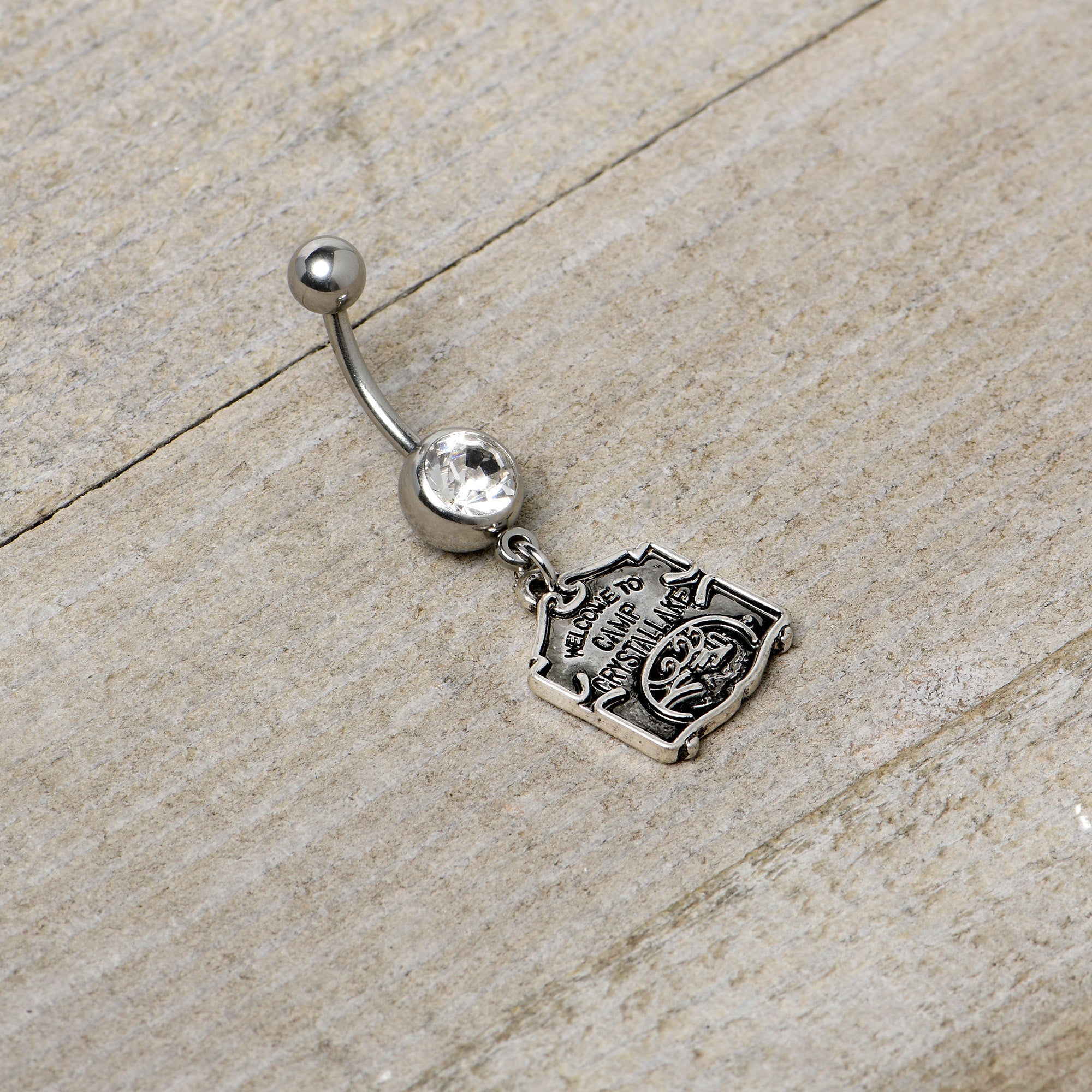 Officially Licensed Friday the 13th Clear Gem Camp Sign Dangle Belly Ring