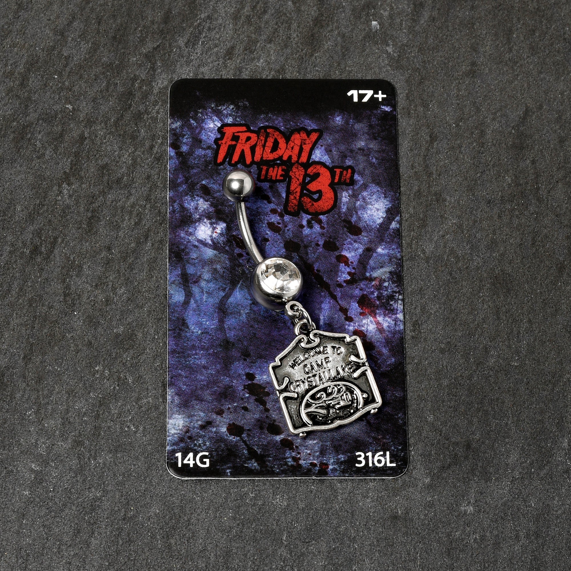 Officially Licensed Friday the 13th Clear Gem Camp Sign Dangle Belly Ring