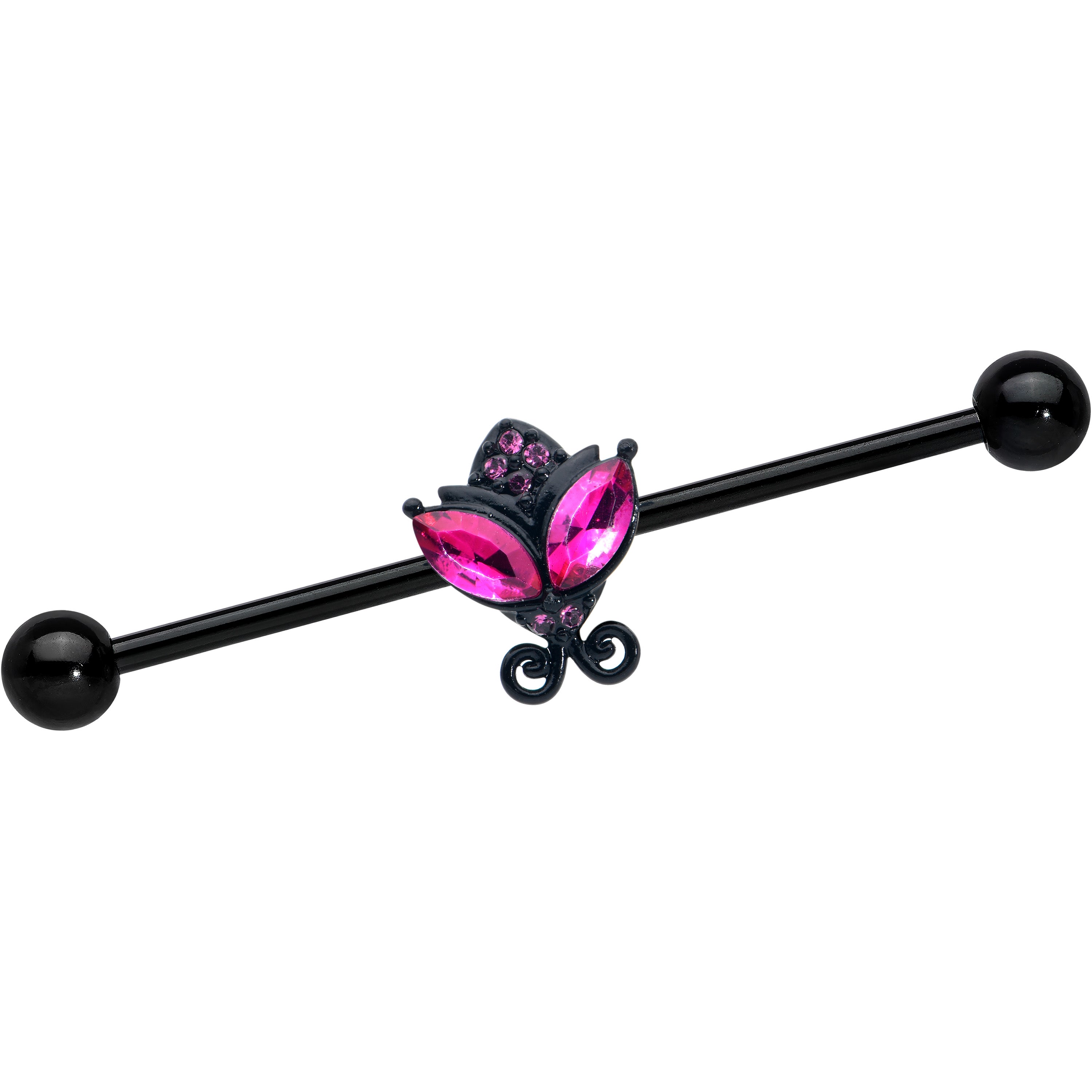 14 Gauge Pink Gem Black Night Butterfly Industrial Barbell 38mm