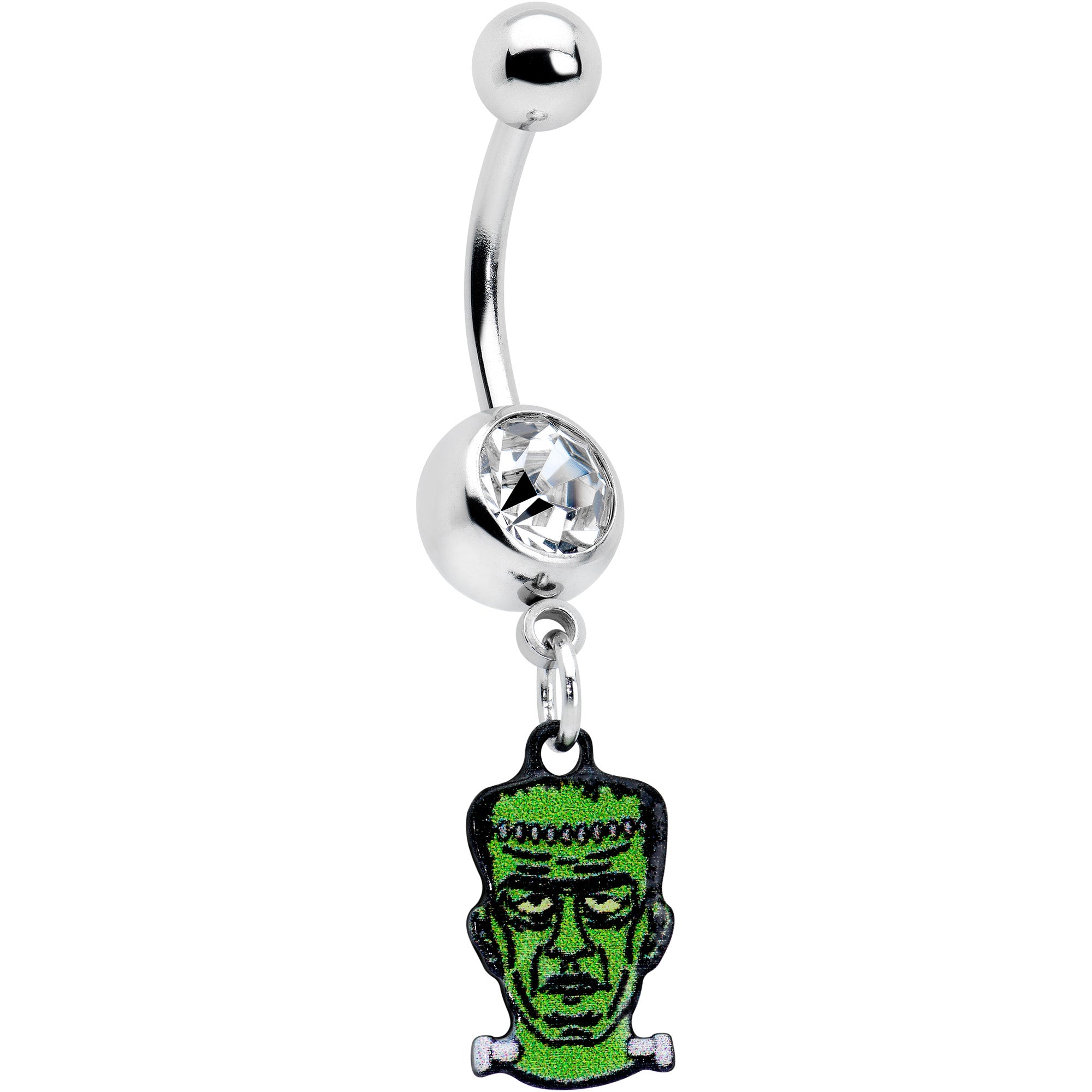 Clear Gem Frankenstein Head Green Glow in the Dark Dangle Belly Ring