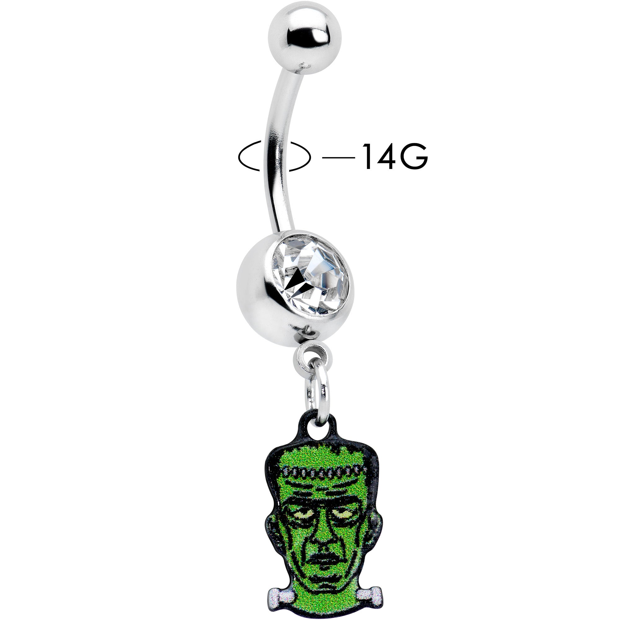 Clear Gem Frankenstein Head Green Glow in the Dark Dangle Belly Ring