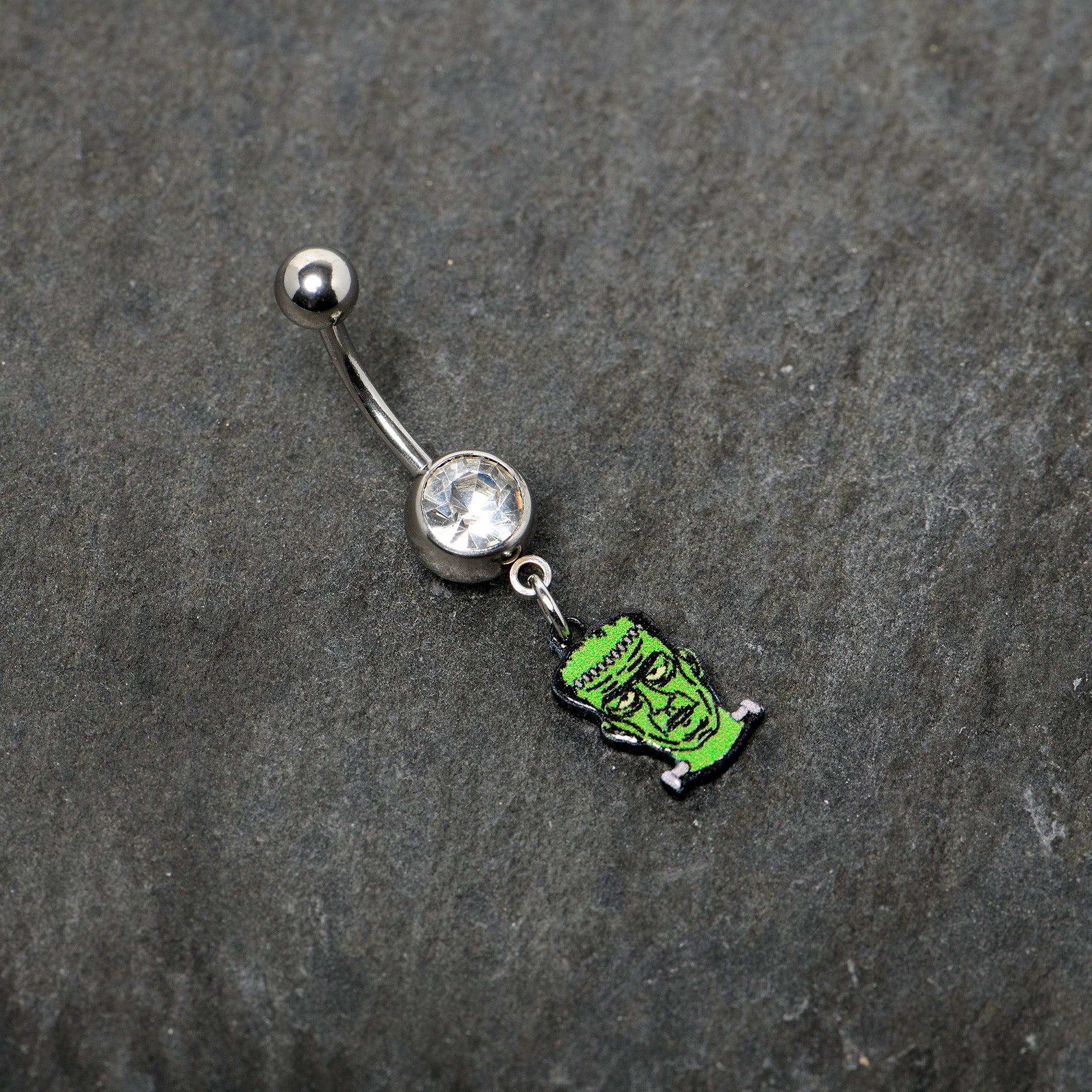 Clear Gem Frankenstein Head Green Glow in the Dark Dangle Belly Ring