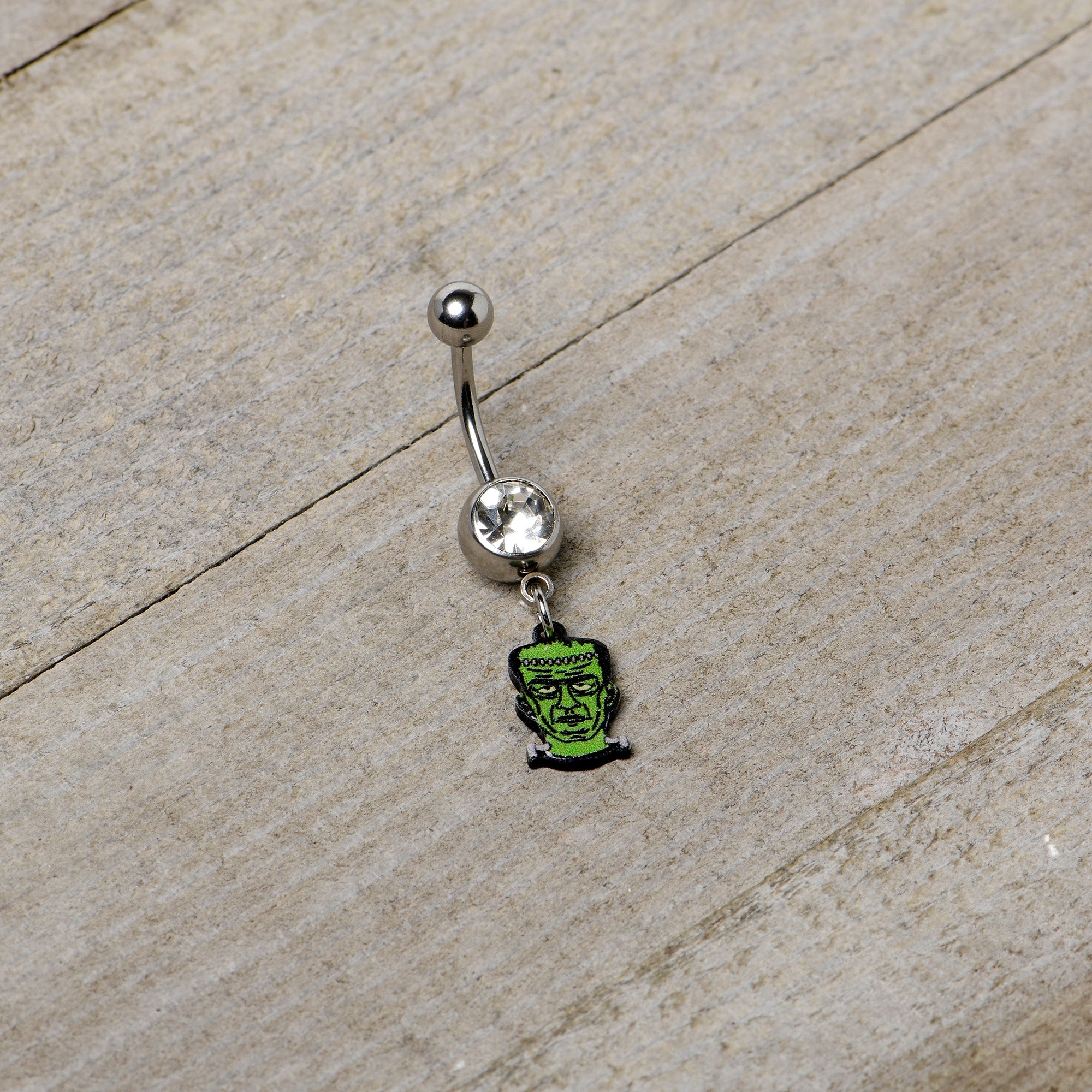 Clear Gem Frankenstein Head Green Glow in the Dark Dangle Belly Ring