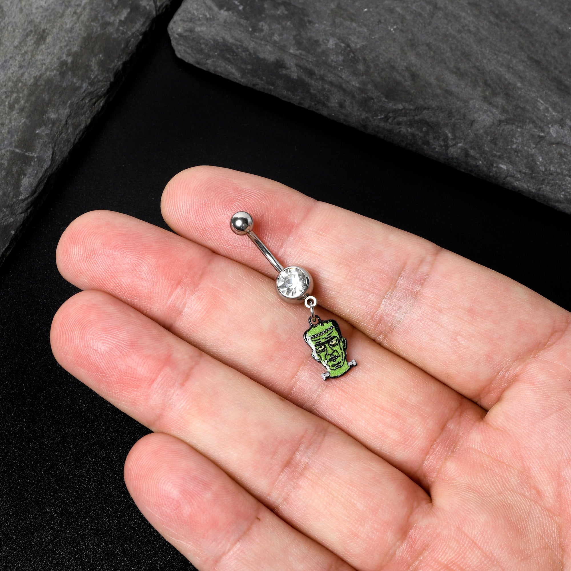 Clear Gem Frankenstein Head Green Glow in the Dark Dangle Belly Ring