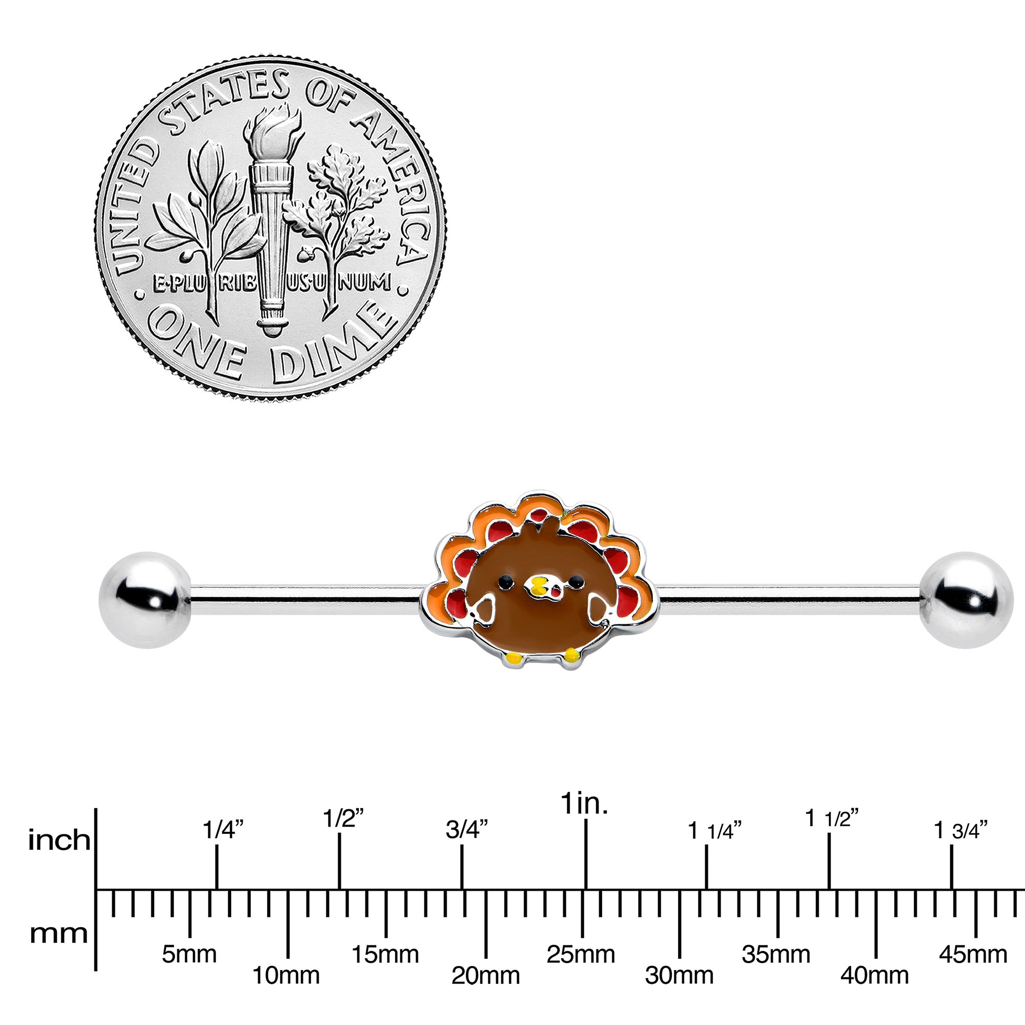 14 Gauge Cute Colorful Turkey Thanksgiving Industrial Barbell 38mm