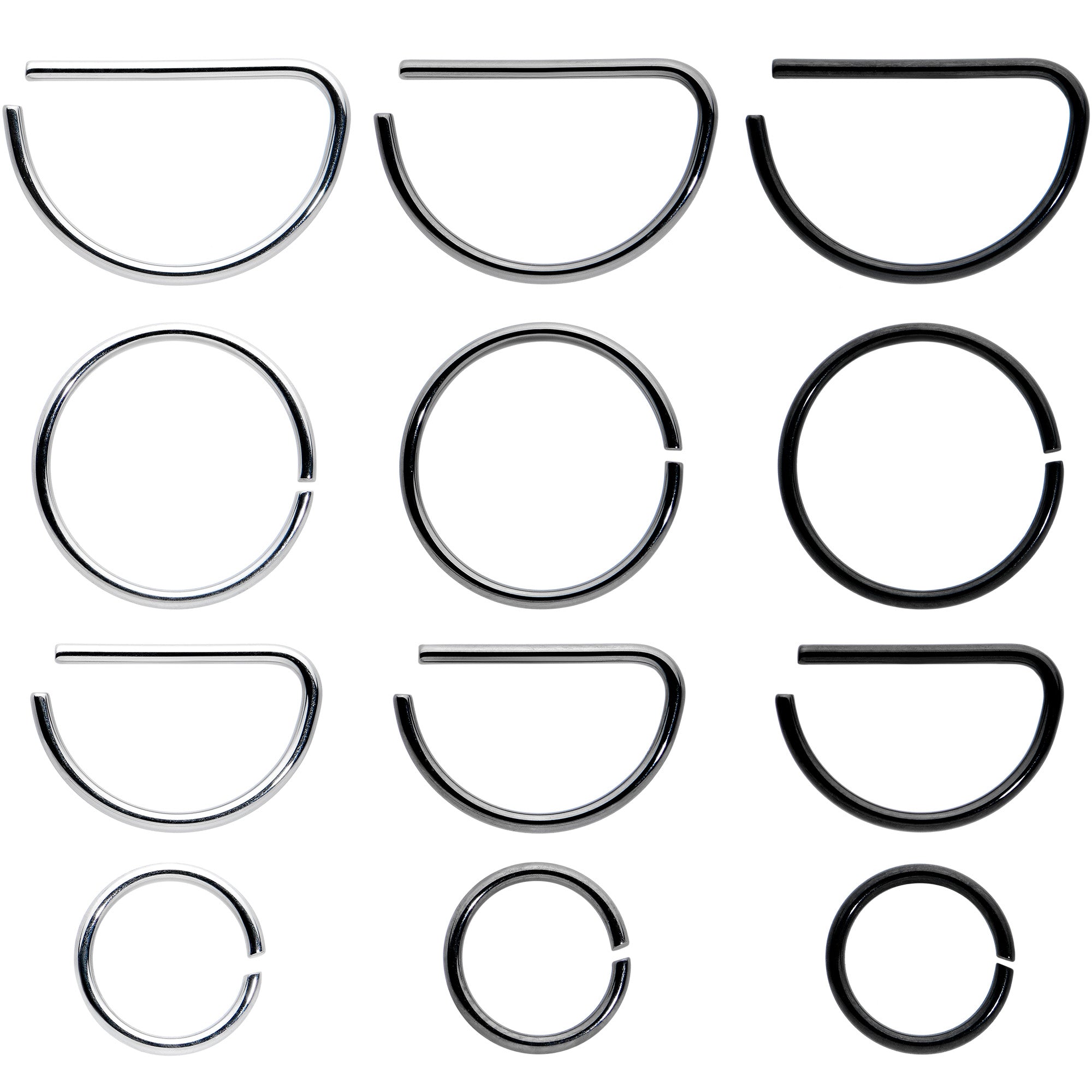 20 Gauge 12 Pack ASTM F-136 Implant Grade Titanium Nose Hoop D Shaped Septum Ring and Cartilage Ear Hoop Earring Set