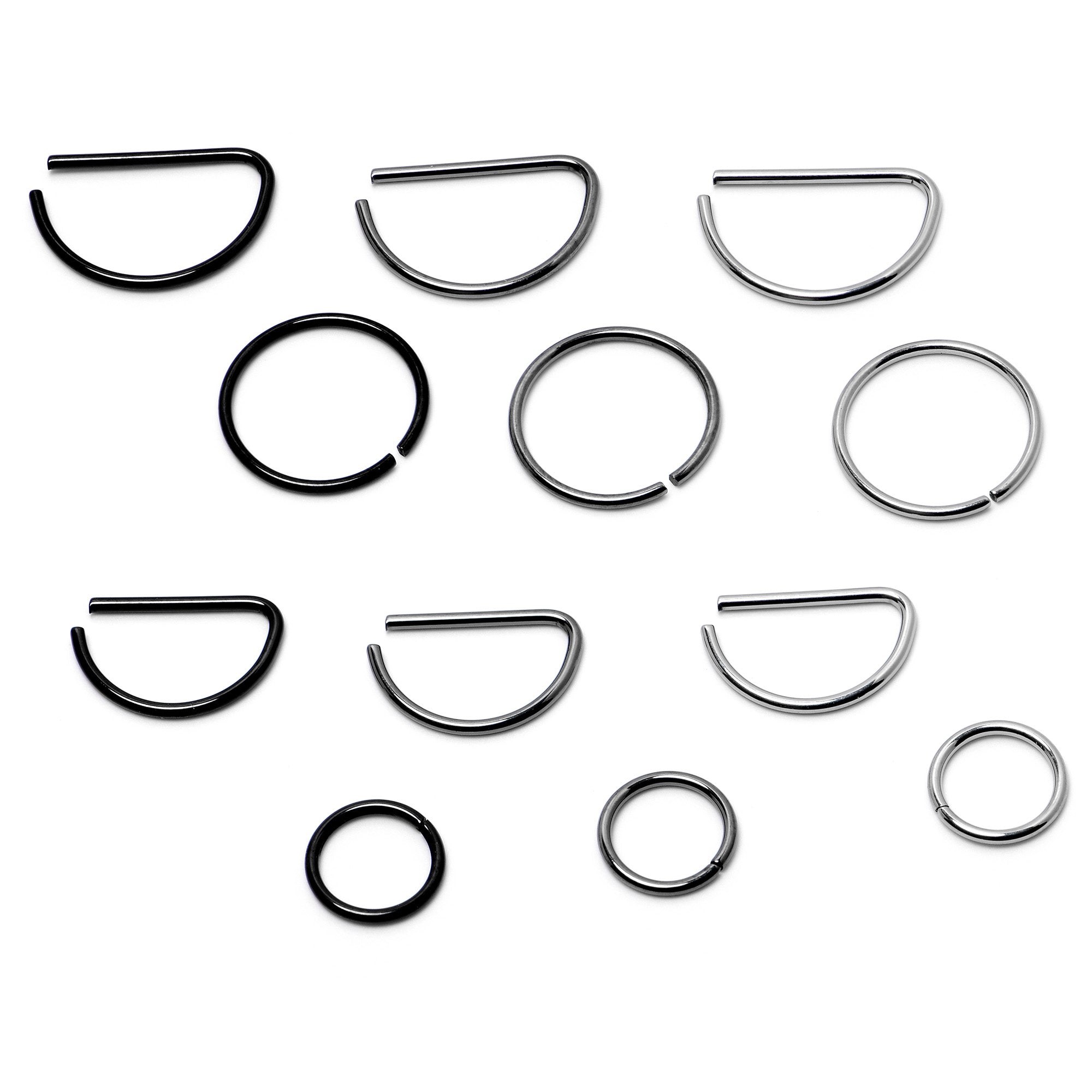 20 Gauge 12 Pack ASTM F-136 Implant Grade Titanium Nose Hoop D Shaped Septum Ring and Cartilage Ear Hoop Earring Set