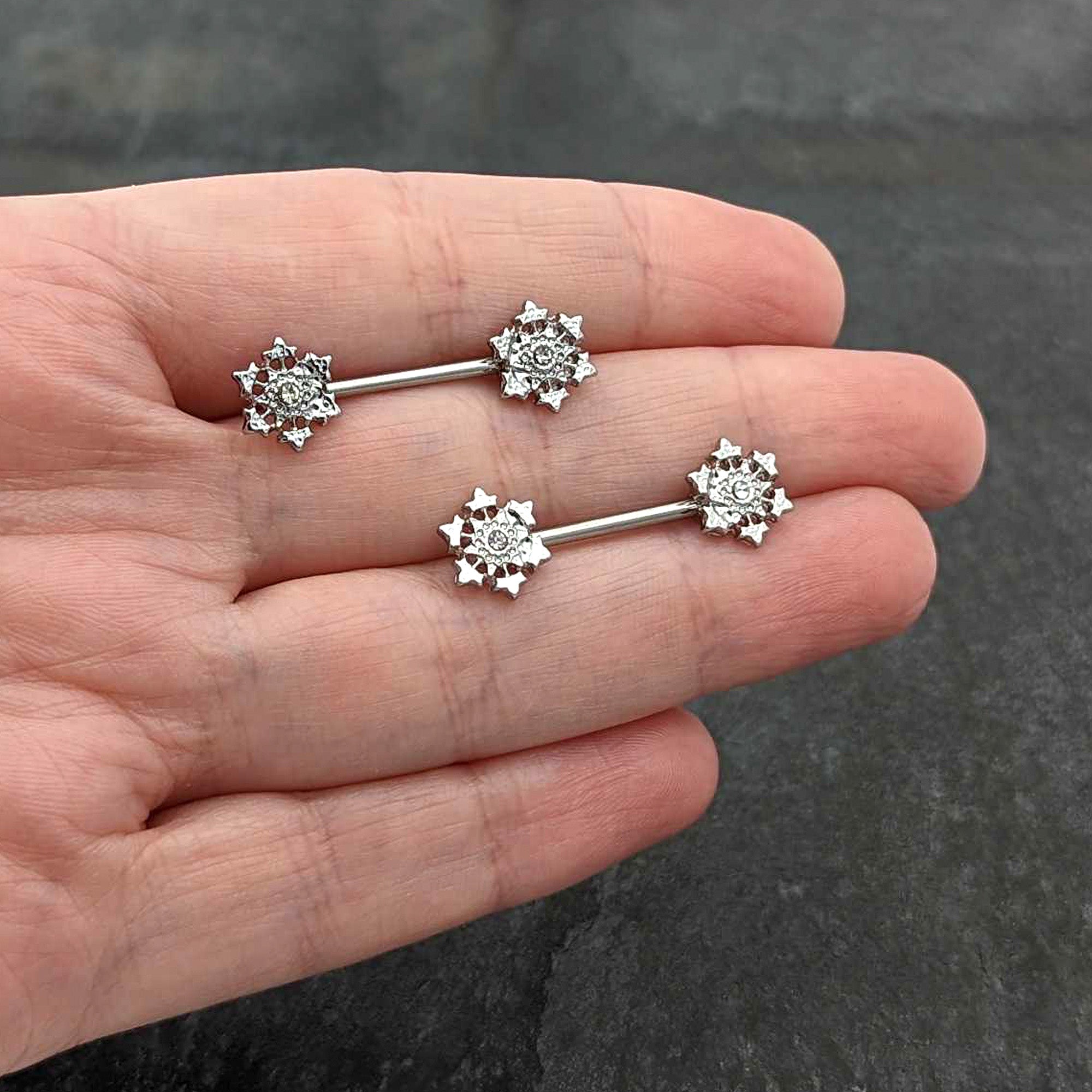 14 Gauge 9/16 Clear Gem Filigree Winter Snowflake Nipple Ring Set