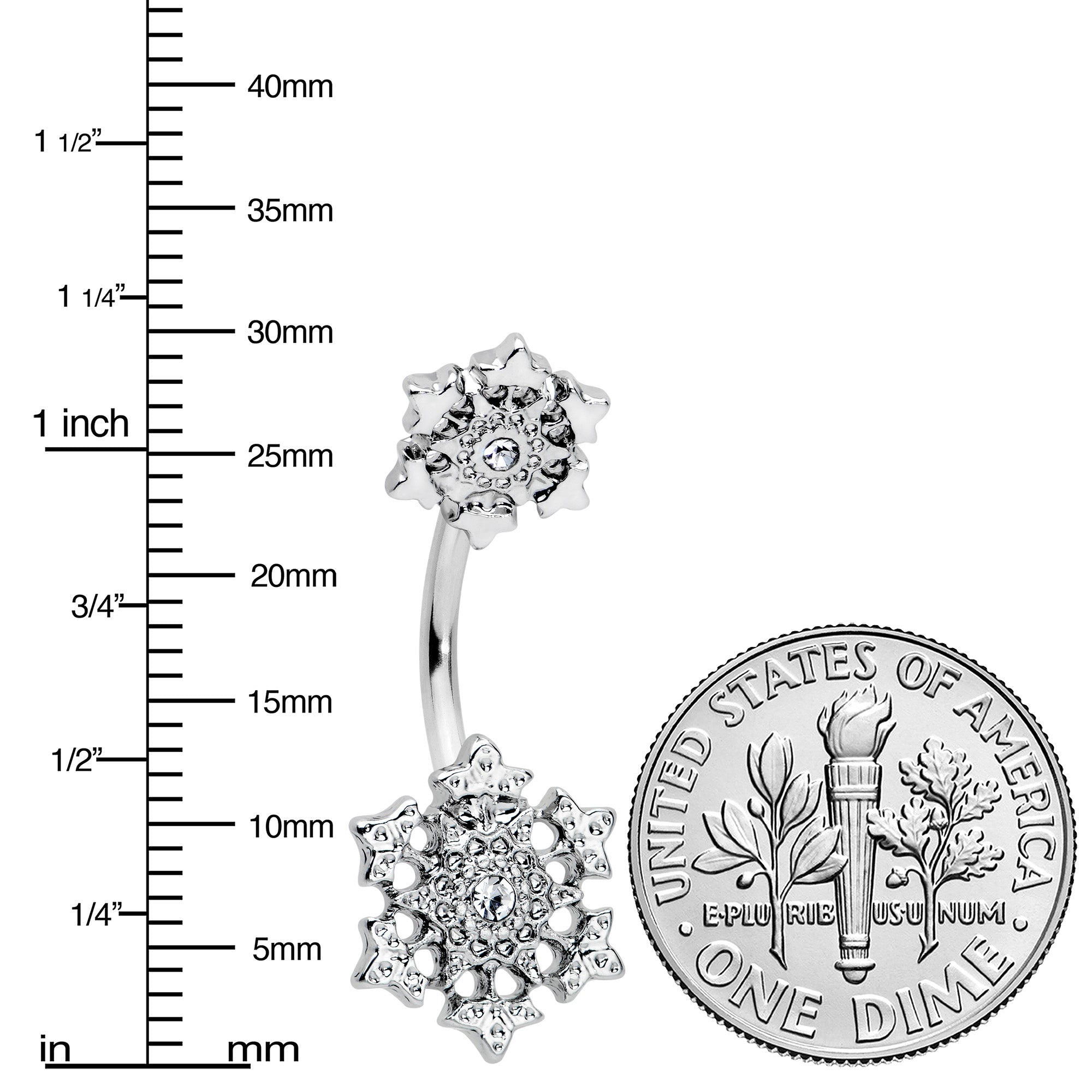 Clear Gem Filigree Winter Snowflakes Double Mount Belly Ring