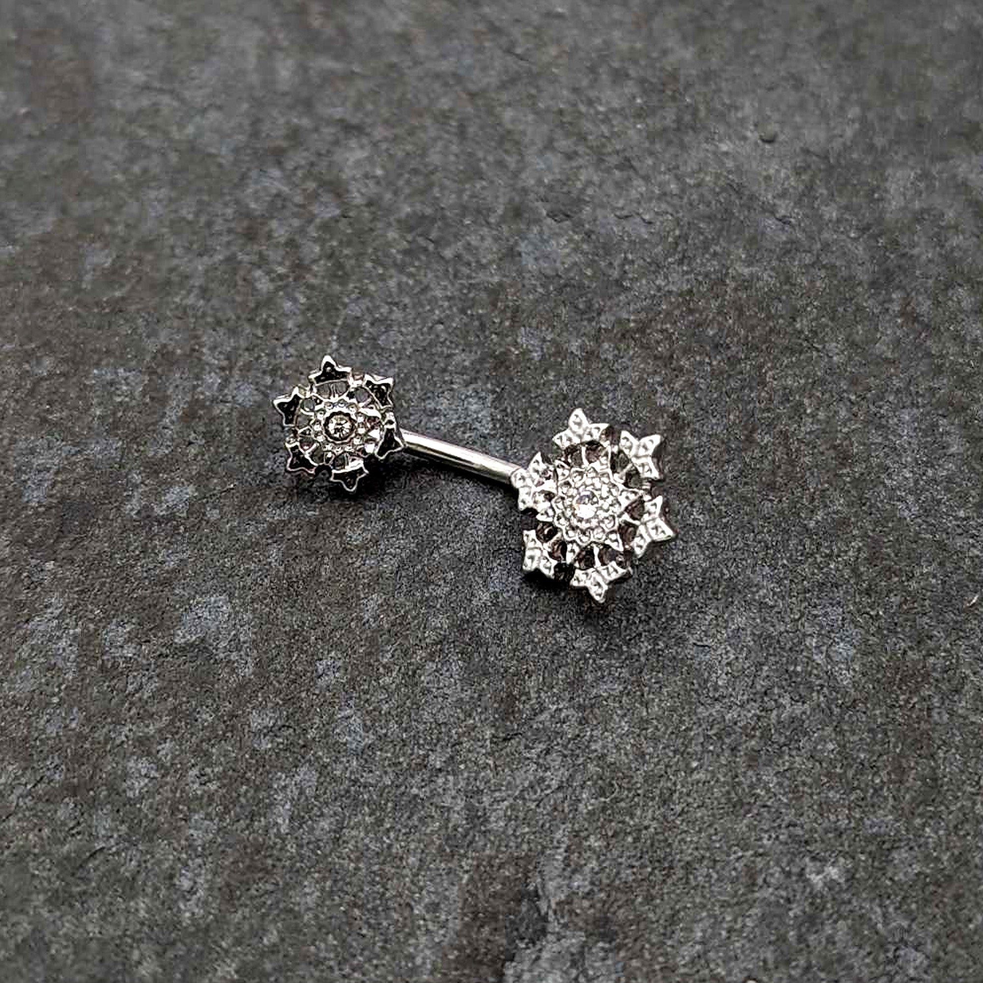 Clear Gem Filigree Winter Snowflakes Double Mount Belly Ring