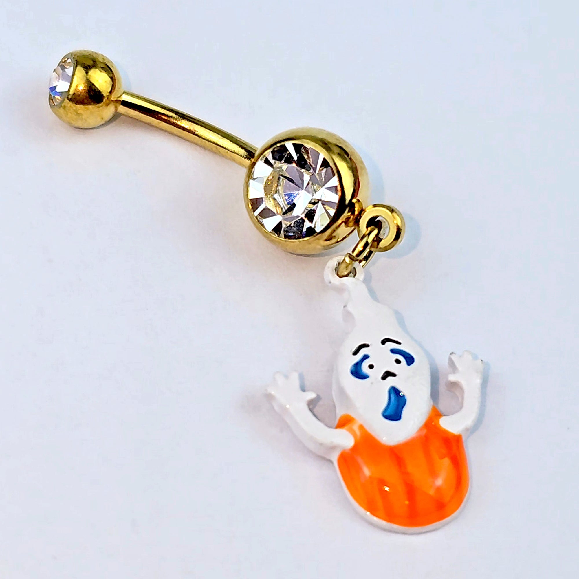 Clear Gem Gold Tone Pumpkin Haunter Ghost Dangle Belly Ring