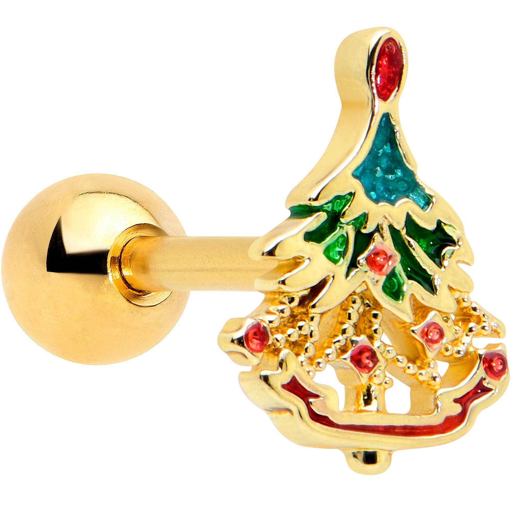 16 Gauge 1/4 Red Gem Gold Tone Deco Holiday Tree Cartilage Earring