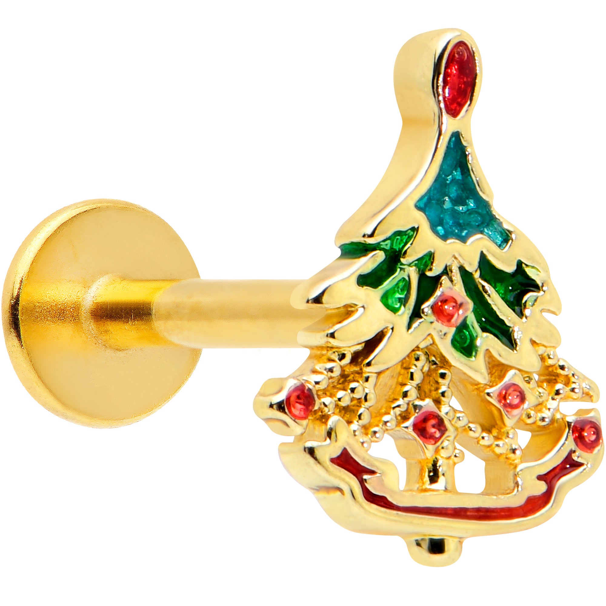 16 Gauge 5/16 Red Gem Gold Tone Deco Holiday Tree Labret Monroe Tragus