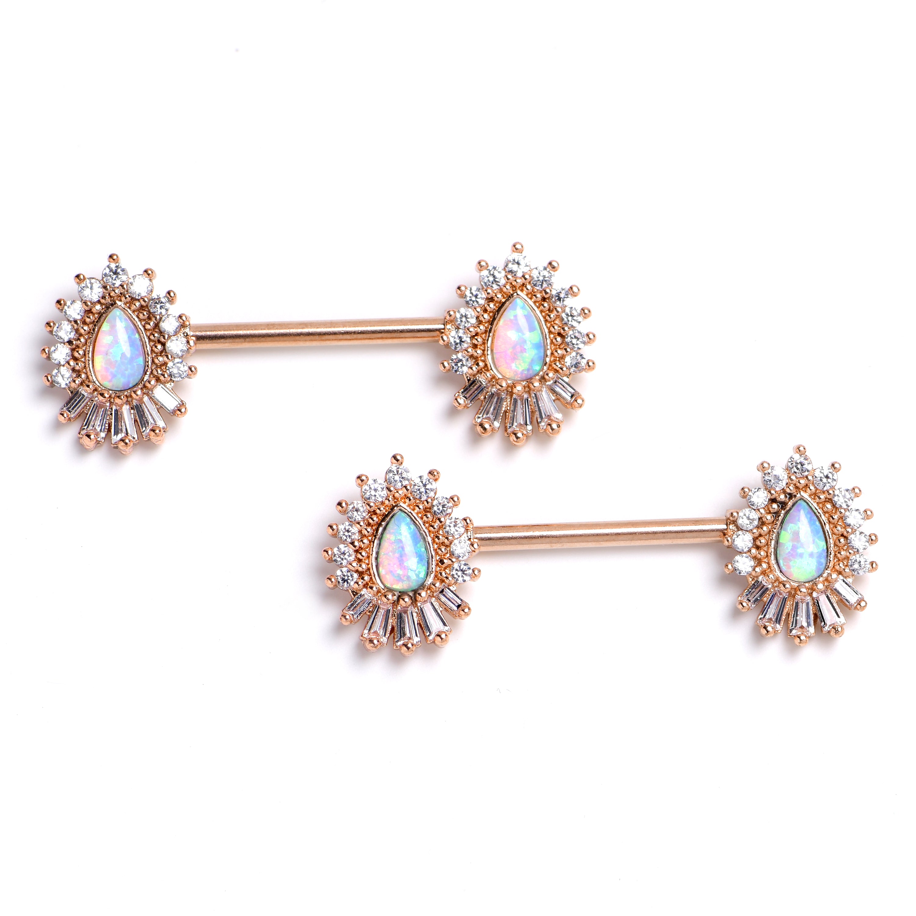 14 Gauge 9/16 White Synthetic Opal Rose Gold Tone Barbell Nipple Ring Set