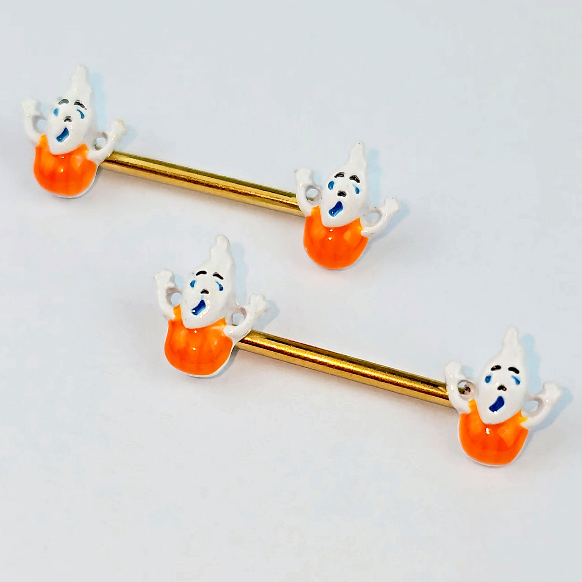 14 Gauge 9/16 Gold Tone Pumpkin Haunter Ghost Barbell Nipple Ring Set