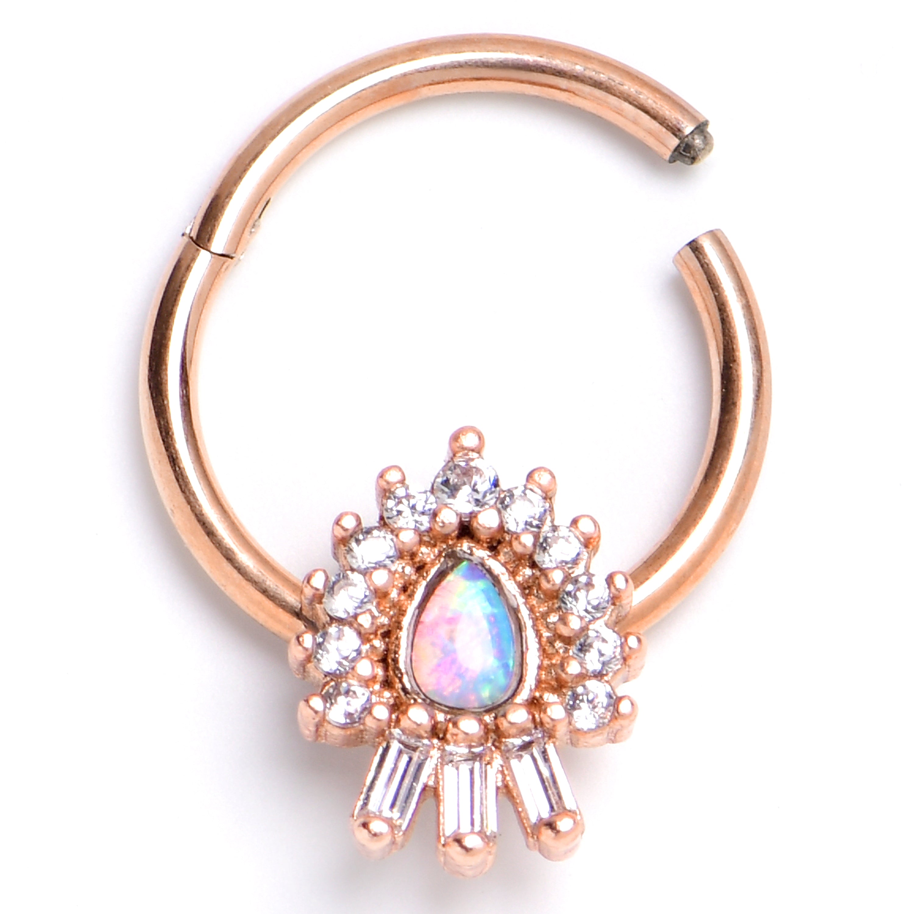 16 Gauge 3/8 White Synthetic Opal Rose Gold Tone Swank Hinged Segment Ring