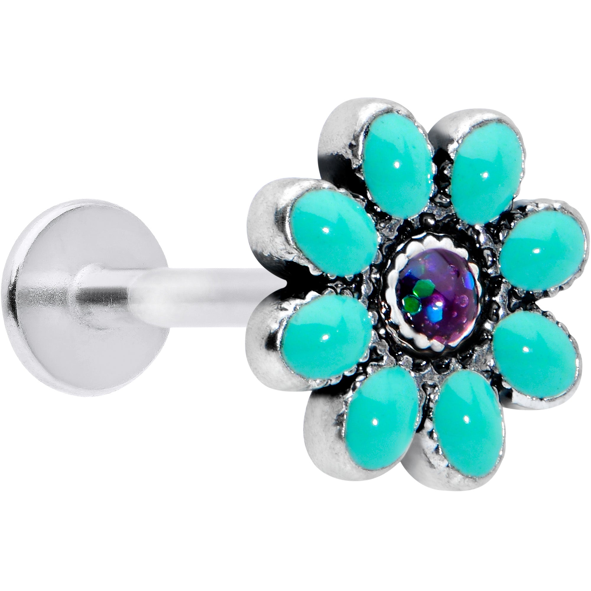 16 Gauge 5/16 Blue Gem Flower Teal Petals Labret Monroe Tragus