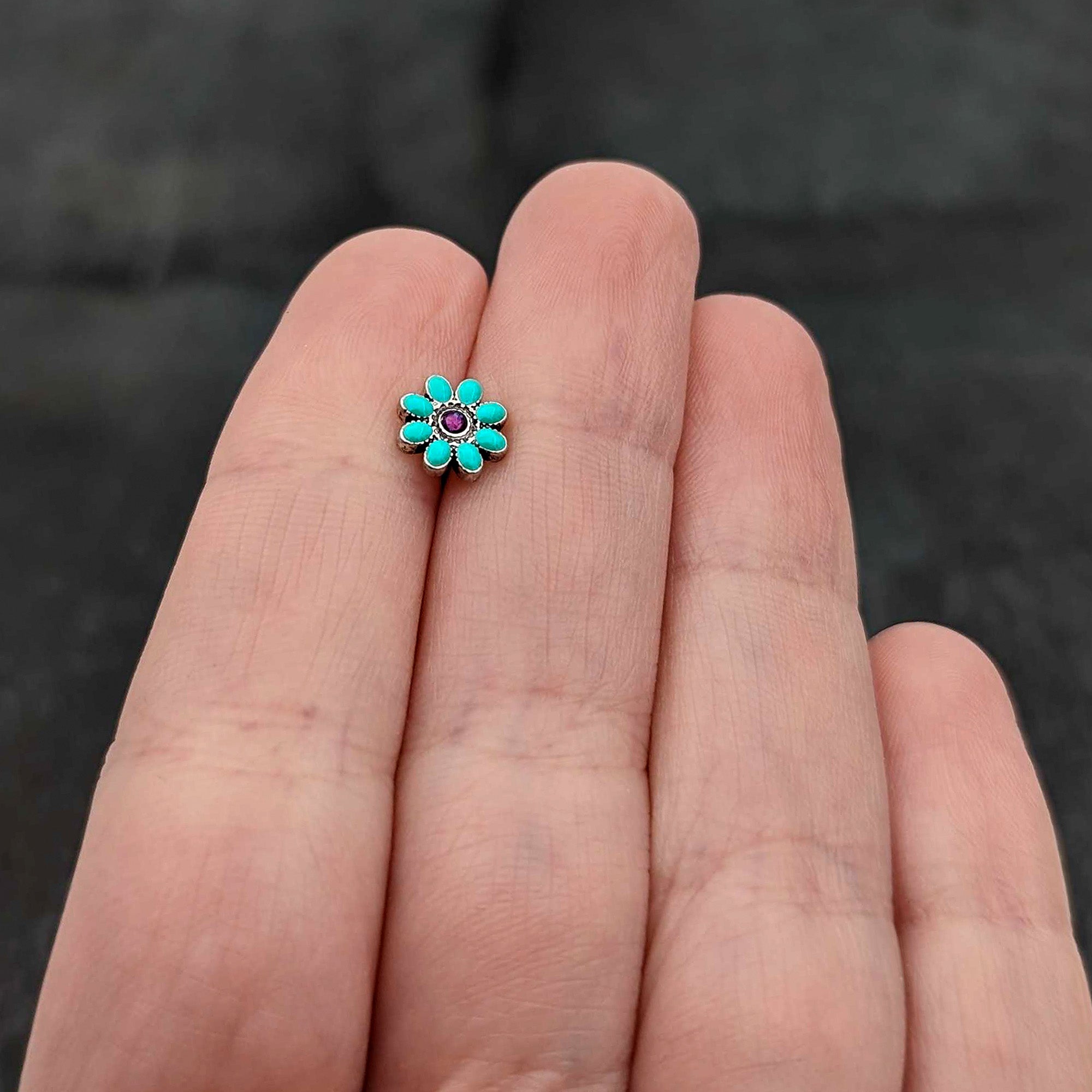 16 Gauge 5/16 Blue Gem Flower Teal Petals Labret Monroe Tragus