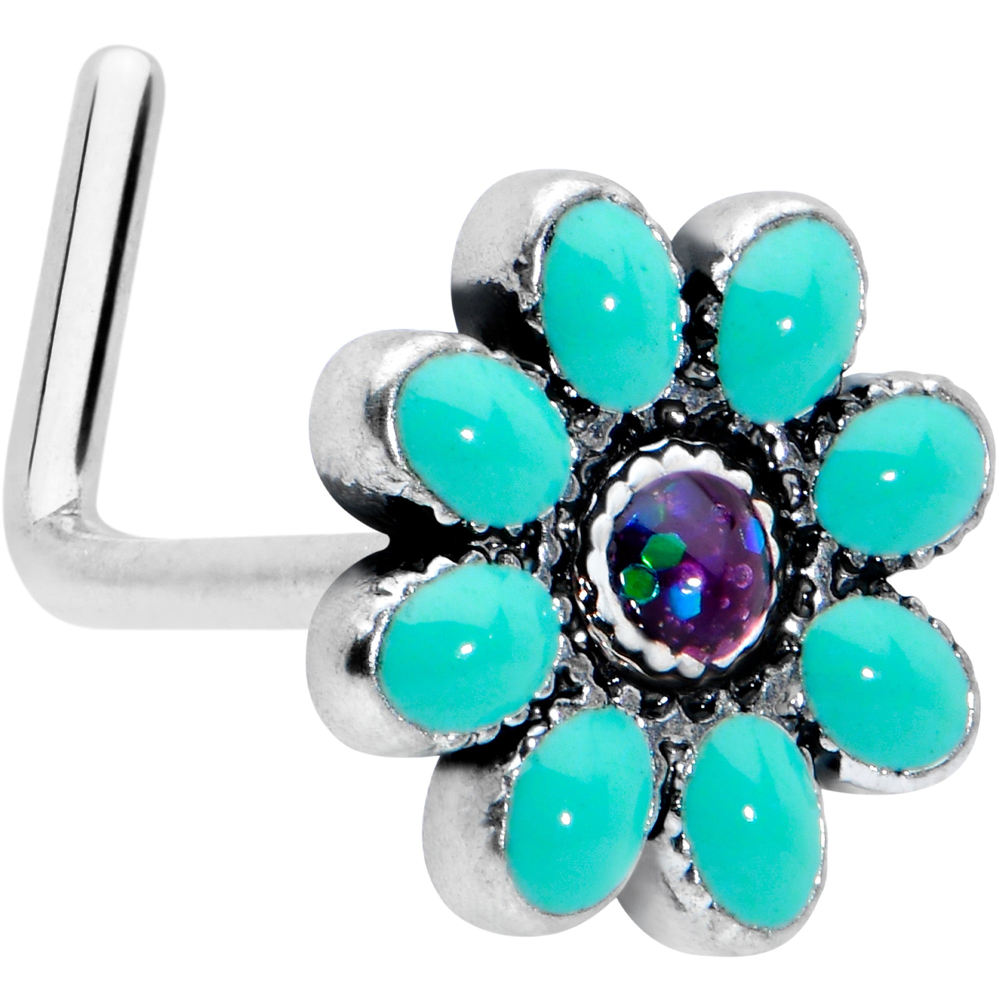 20 Gauge 7mm Blue Gem Flower Teal Petals L Shape Nose Ring