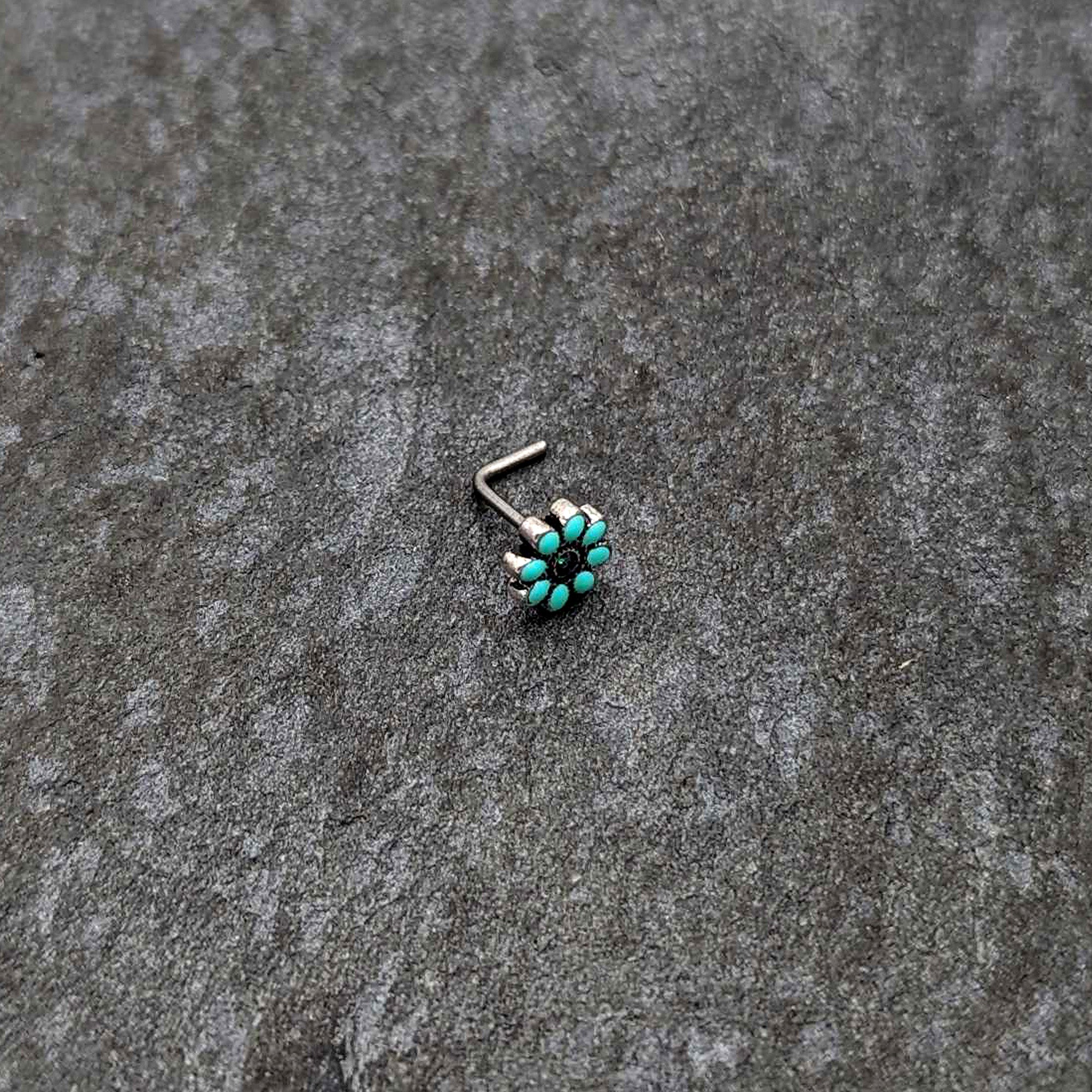 20 Gauge 7mm Blue Gem Flower Teal Petals L Shape Nose Ring