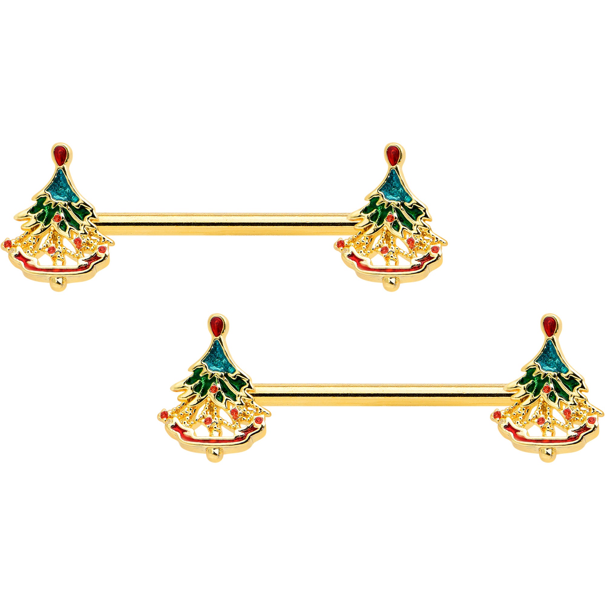 14 Gauge 9/16 Red Gem Gold Hue Deco Holiday Tree Barbell Nipple Ring Set