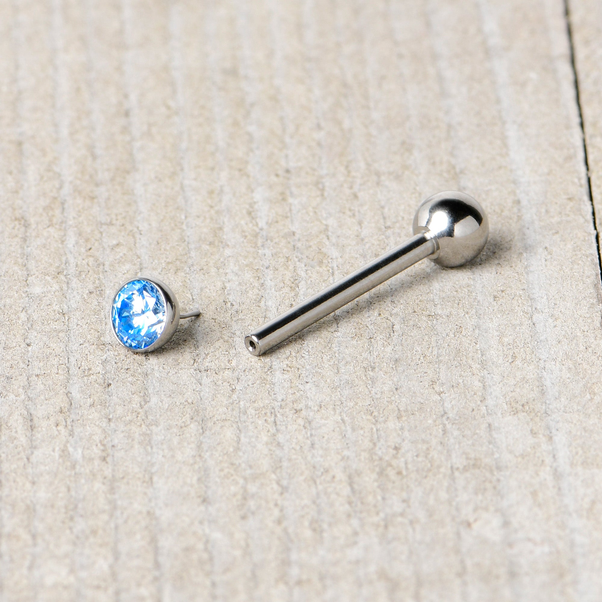 Blue CZ Gem ASTM F-136 Implant Grade Titanium Threadless Barbell Tongue Ring