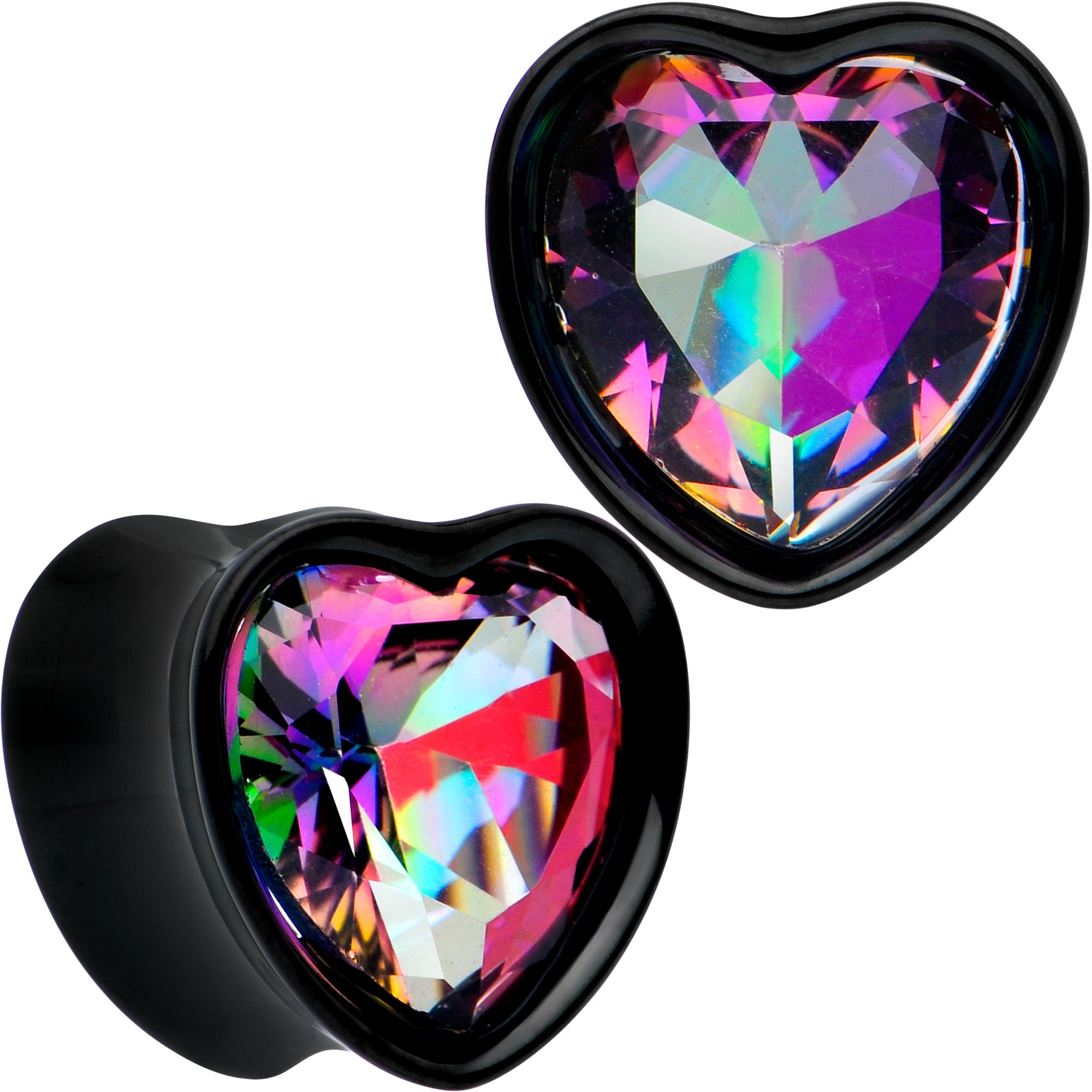 Medium Vitrail CZ Black Heart In Heart Double Flare Plug Set 8mm to 16mm