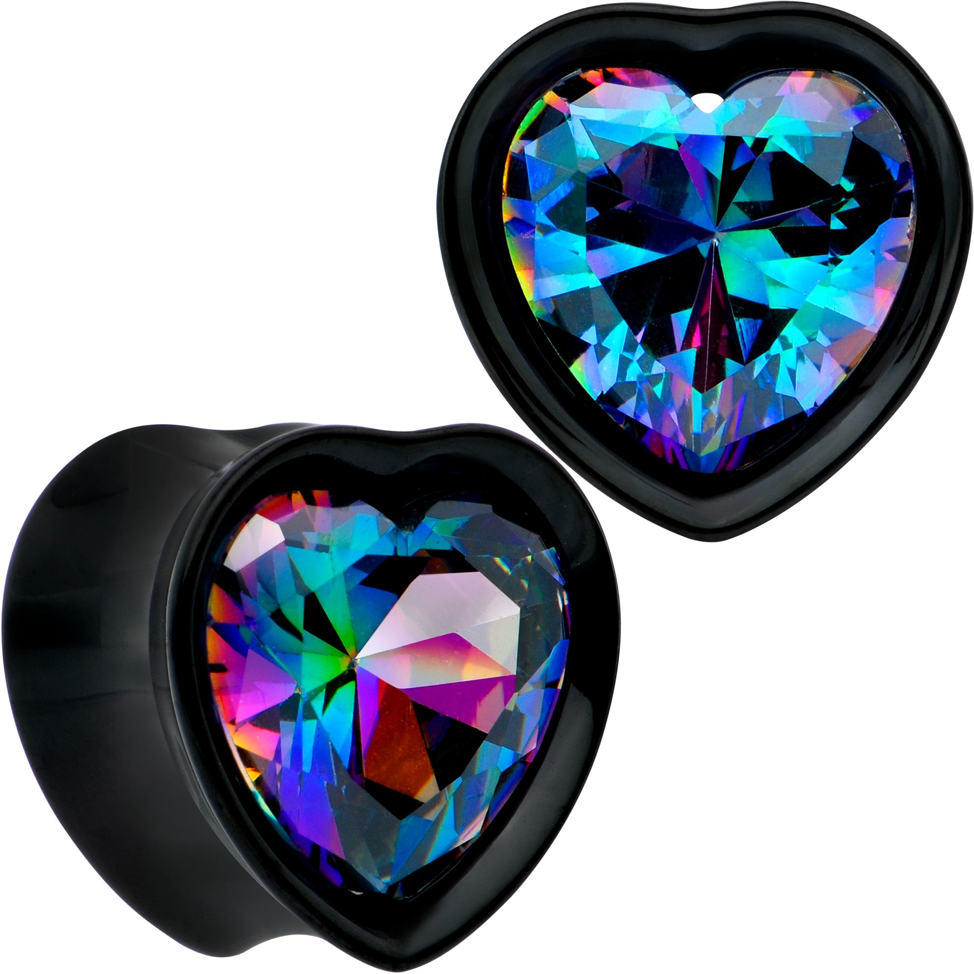 Medium Vitrail CZ Black Heart In Heart Double Flare Plug Set 8mm to 16mm