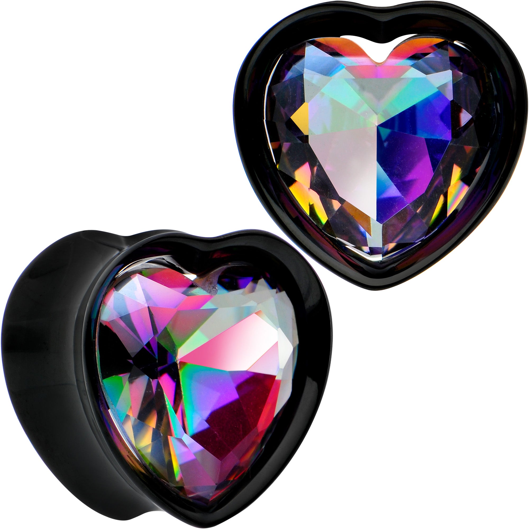 Medium Vitrail CZ Black Heart In Heart Double Flare Plug Set 8mm to 16mm