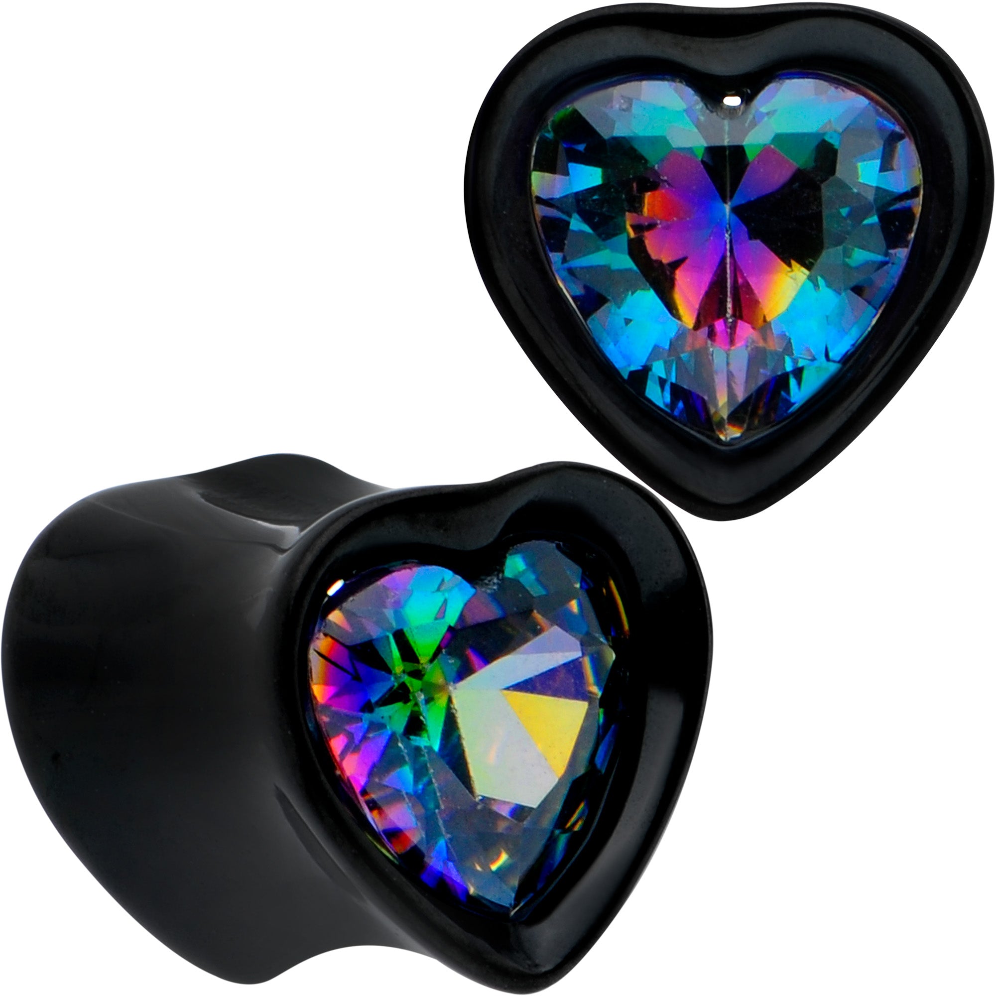 Medium Vitrail CZ Black Heart In Heart Double Flare Plug Set 8mm to 16mm