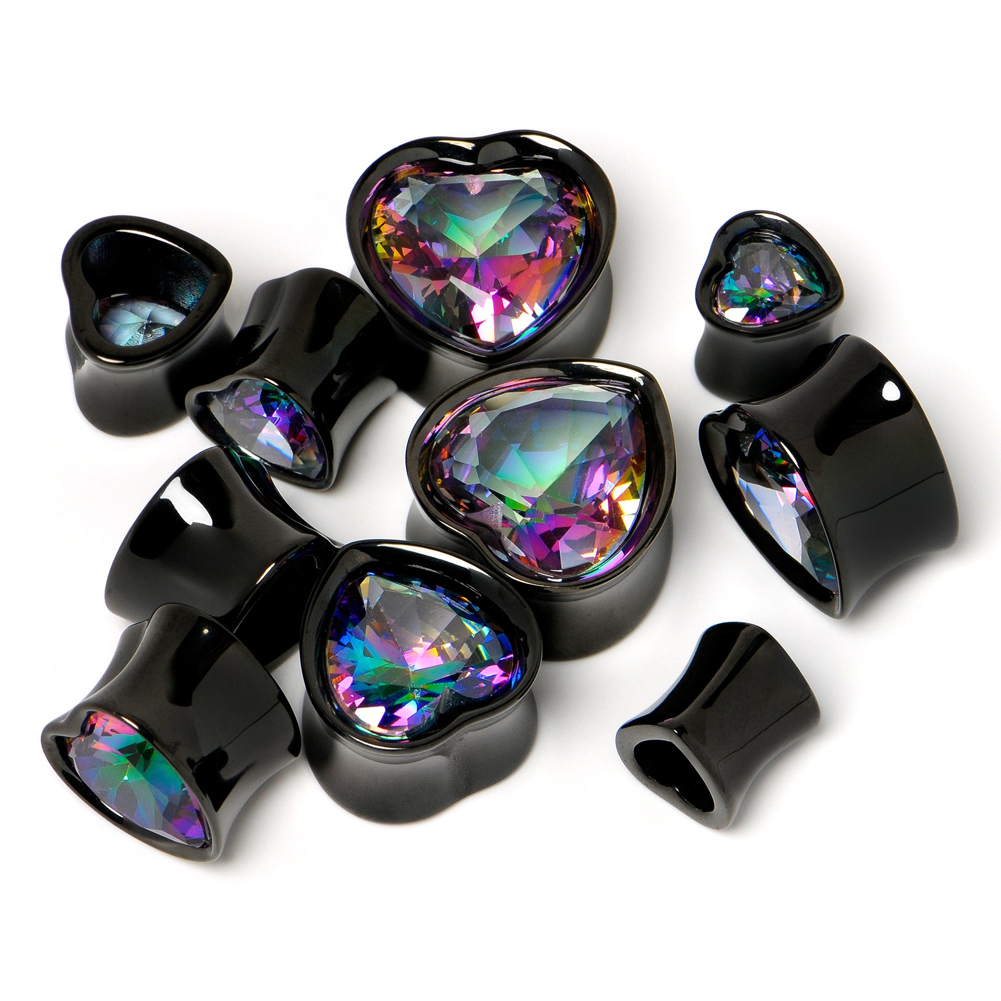 Medium Vitrail CZ Black Heart In Heart Double Flare Plug Set 8mm to 16mm